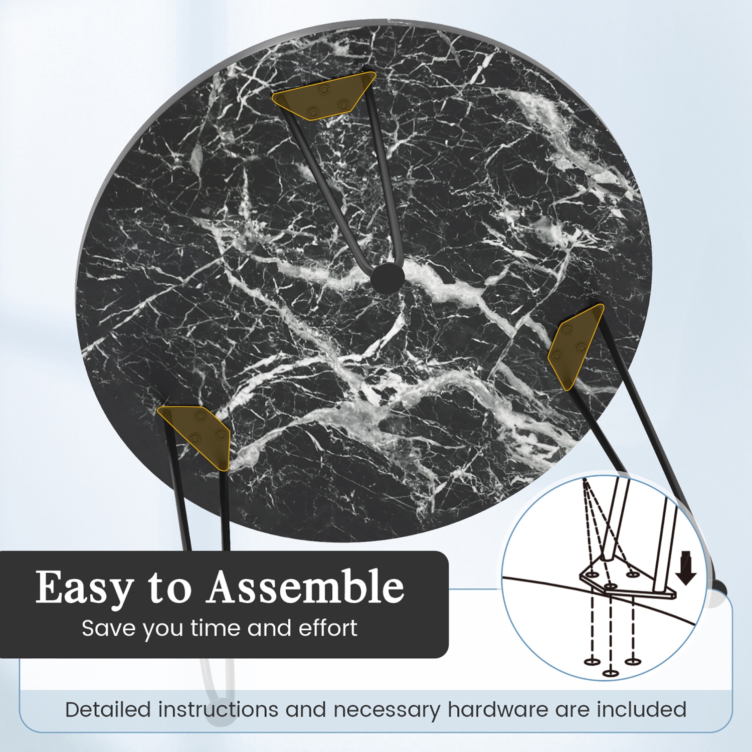 Gymax Small Round Coffee Table w/ Thickened Tabletop & Metal Tripod Legs Faux Marble Black