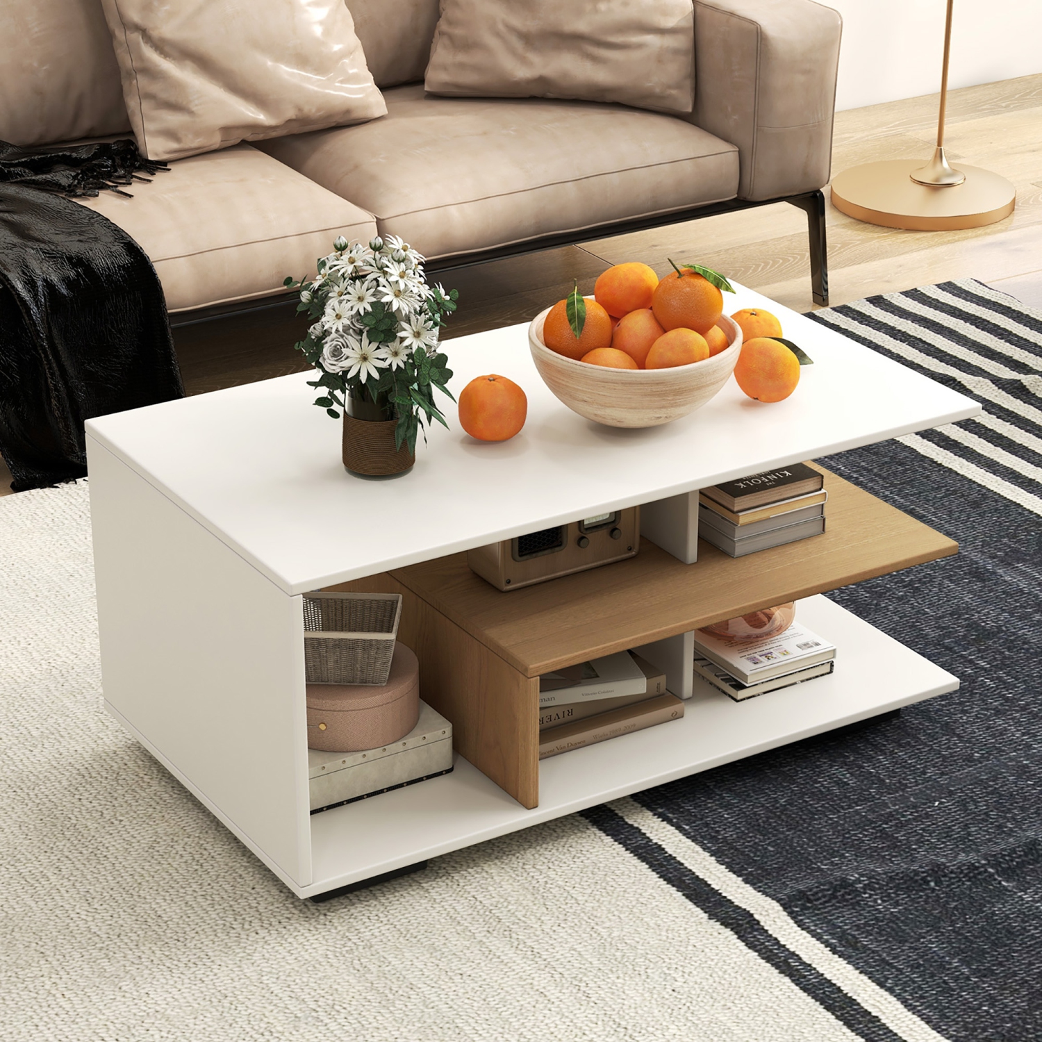 Gymax Geometric Coffee Table w/ Storage Shelves 3-Tier Rectangular Tea Table