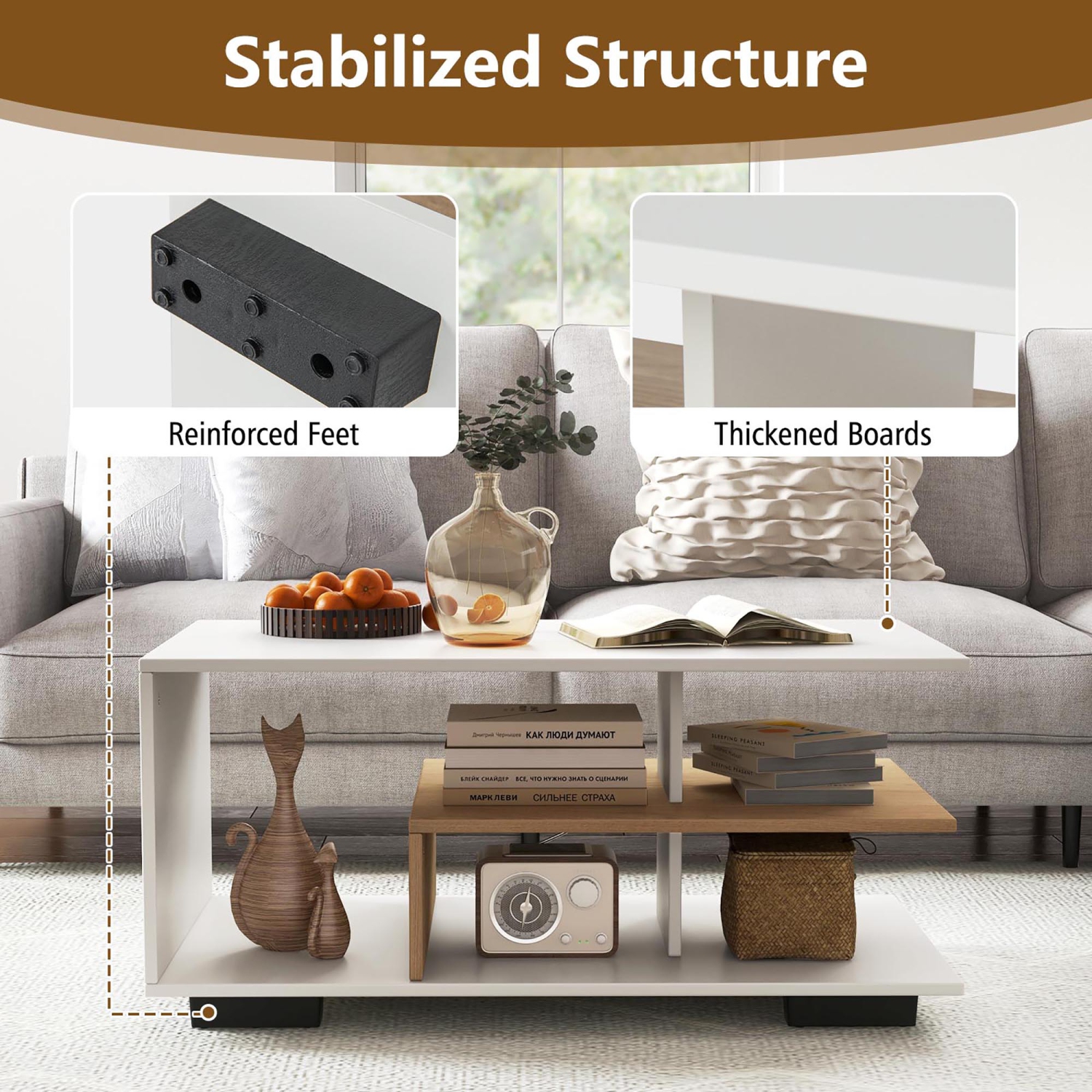 Gymax Geometric Coffee Table w/ Storage Shelves 3-Tier Rectangular Tea Table