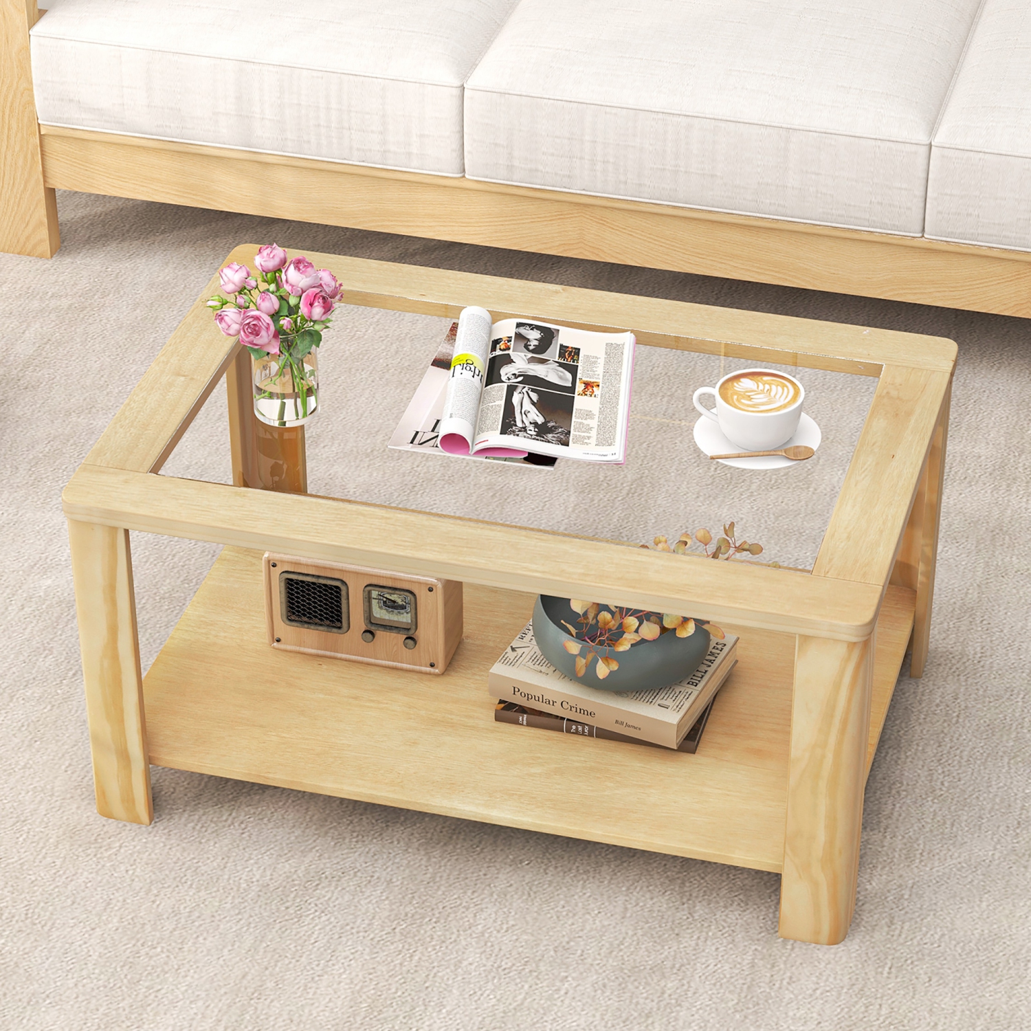 Gymax 2-Tier Coffee Table w/ Tempered Glass Tabletop & Storage Shelf Rounded Corners