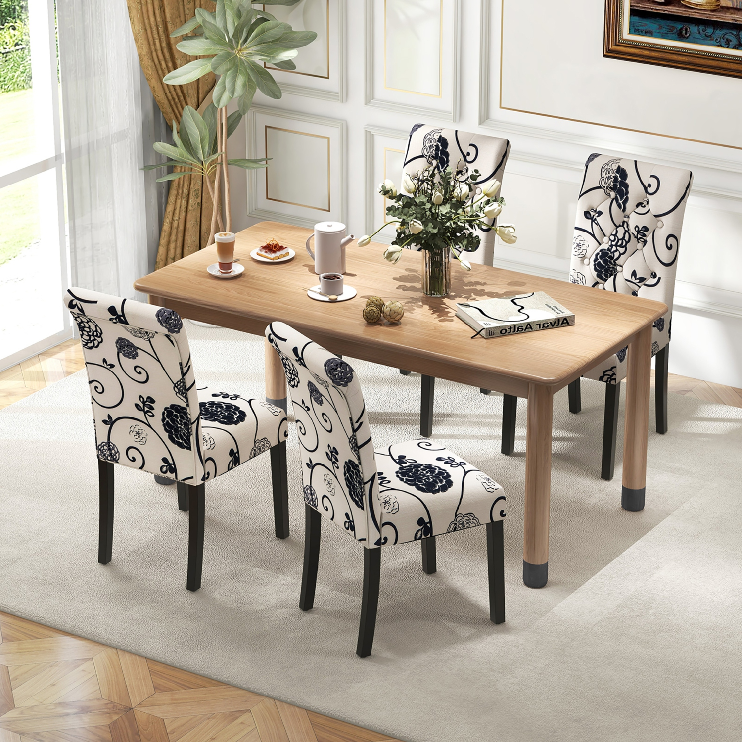 Gymax Set of 4 Tufted Dining Chair Parsons Upholstered Fabric Chair with Wooden Legs