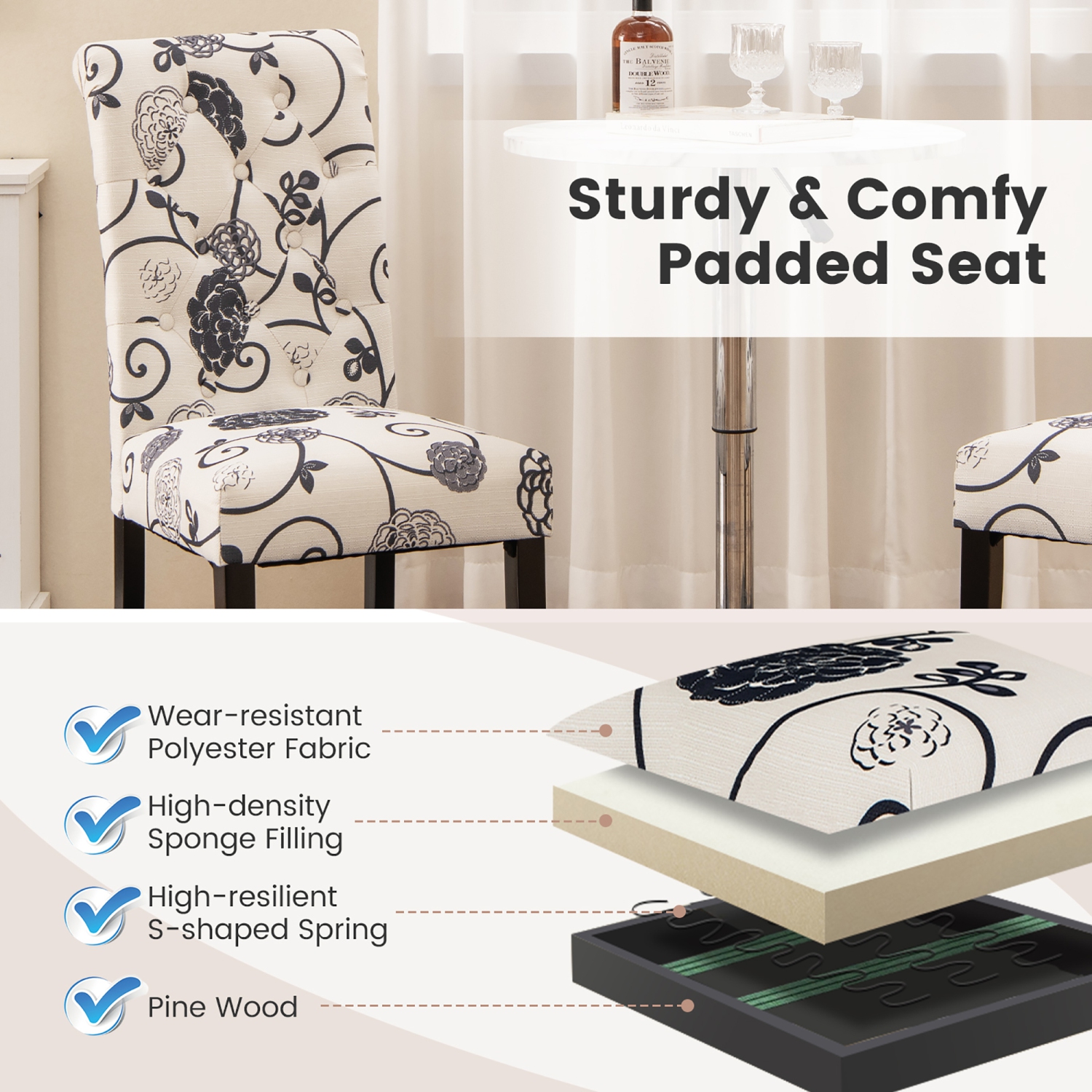 Gymax Set of 4 Tufted Dining Chair Parsons Upholstered Fabric Chair with Wooden Legs