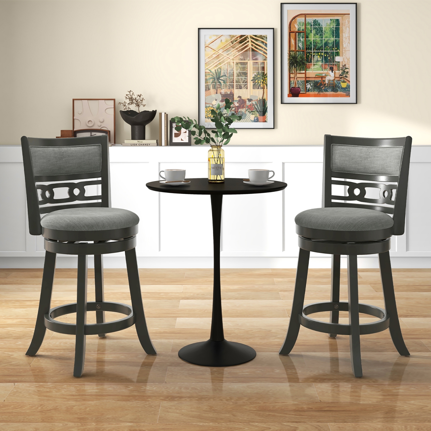 Gymax 26'' Upholstered Bar Stool Set of 2 w/ Wooden Frame Swivel Seat & Footrest for Pub