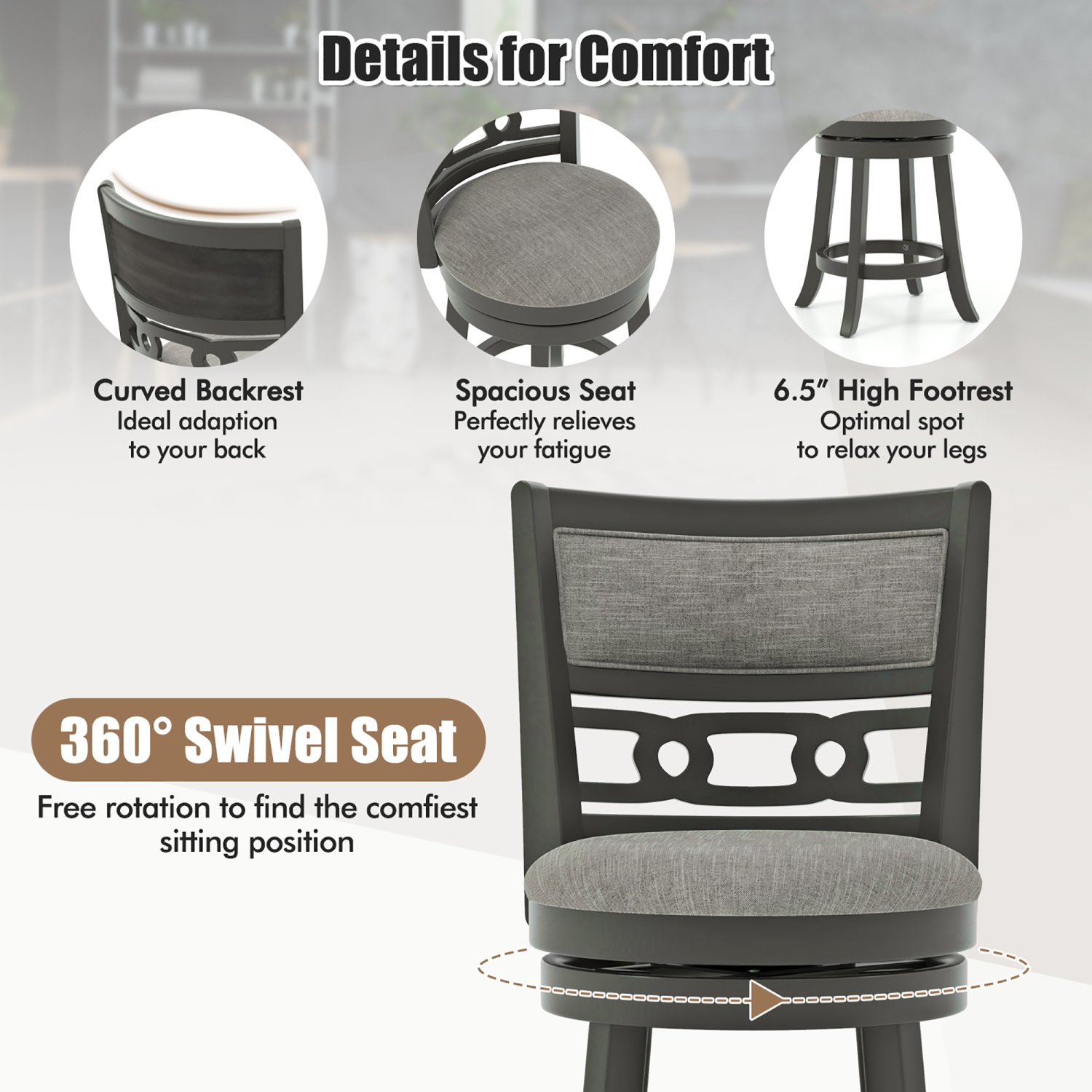 Gymax 26'' Upholstered Bar Stool Set of 2 w/ Wooden Frame Swivel Seat & Footrest for Pub