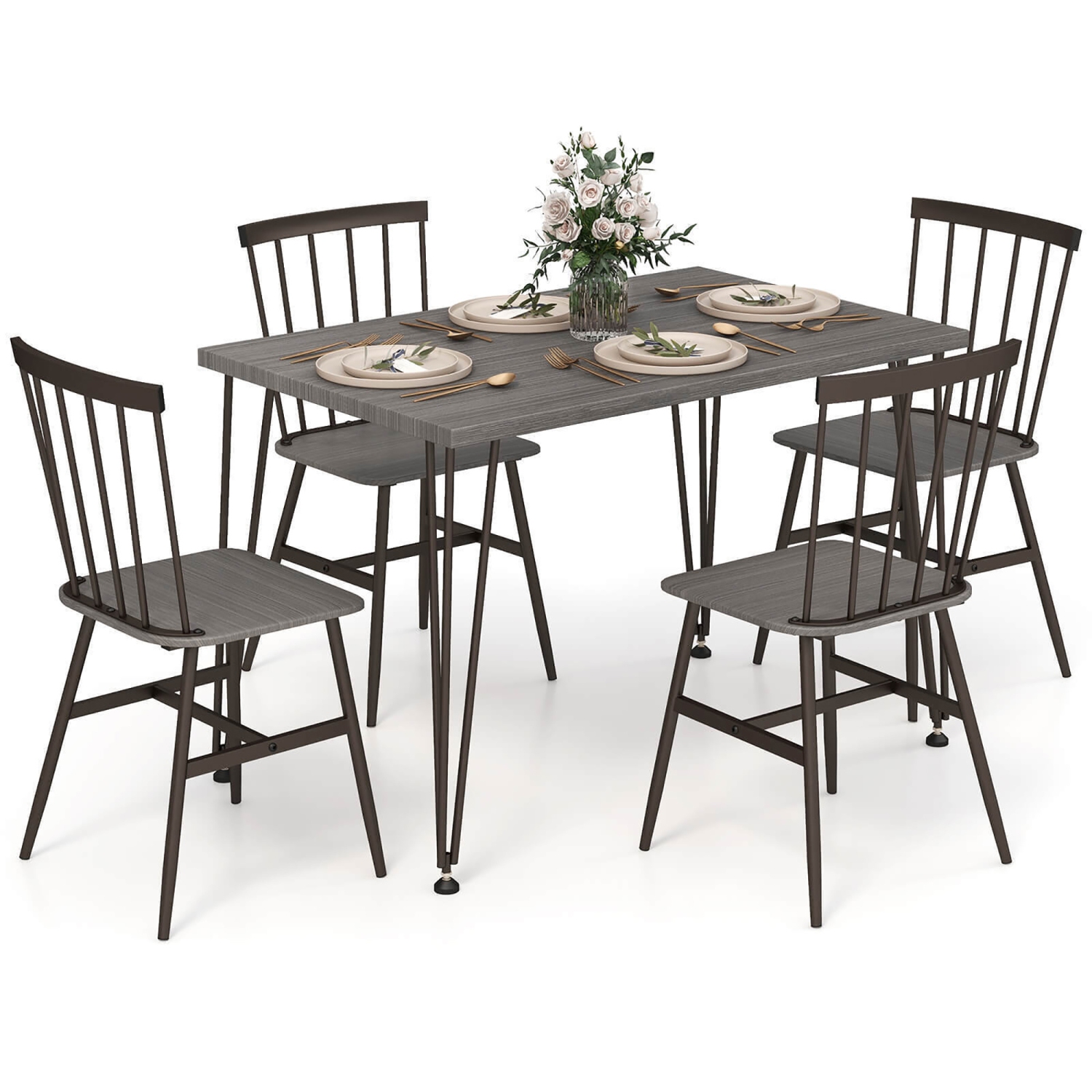 Gymax 5PCS Dining Table Set for 4 Rectangular Kitchen Table & 4 Chairs w/ Metal Frame Grey Oak