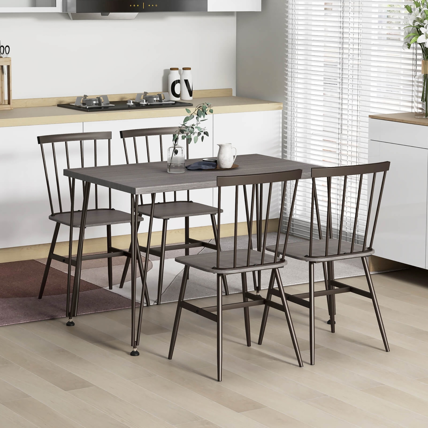 Gymax 5PCS Dining Table Set for 4 Rectangular Kitchen Table & 4 Chairs w/ Metal Frame Grey Oak