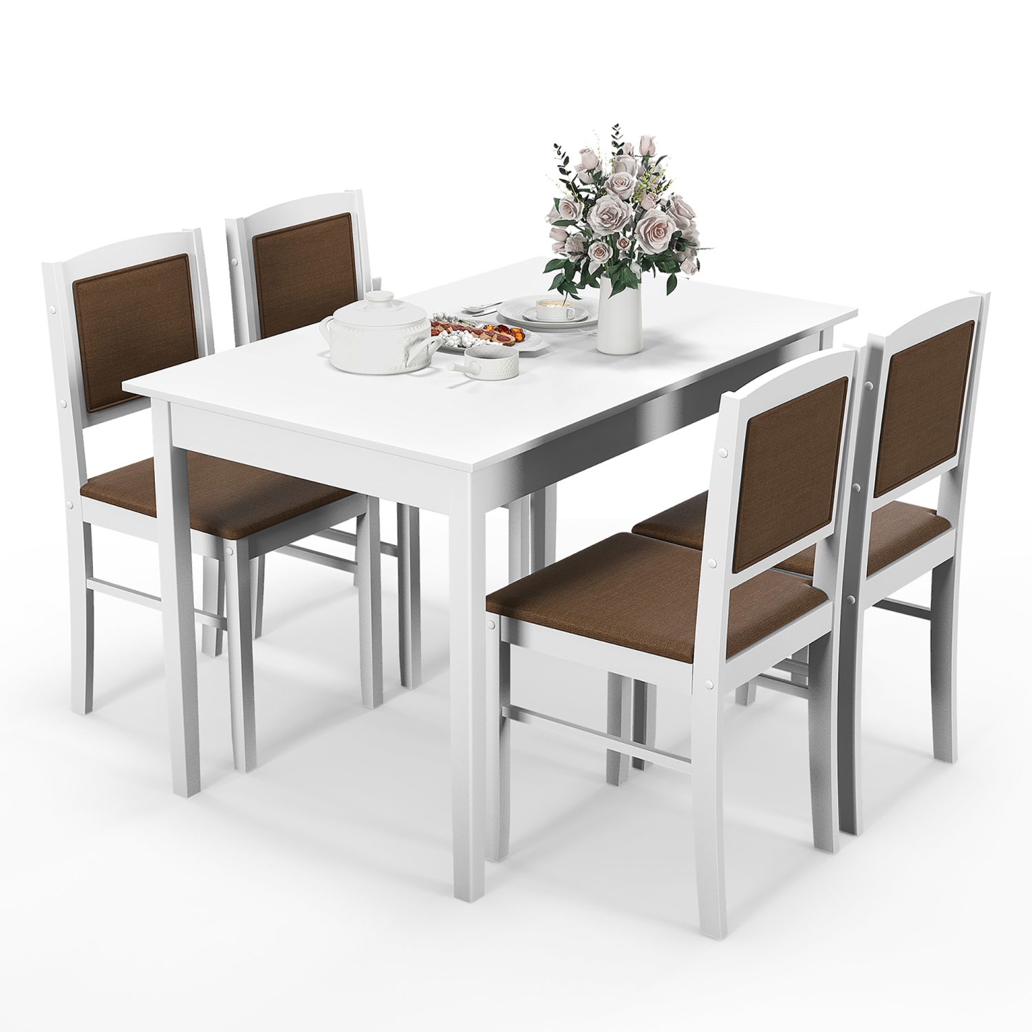 Gymax 5 PCS Dining Table Set for 4 w/Rubber Wood Legs Upholstered Seat Padded Backrest