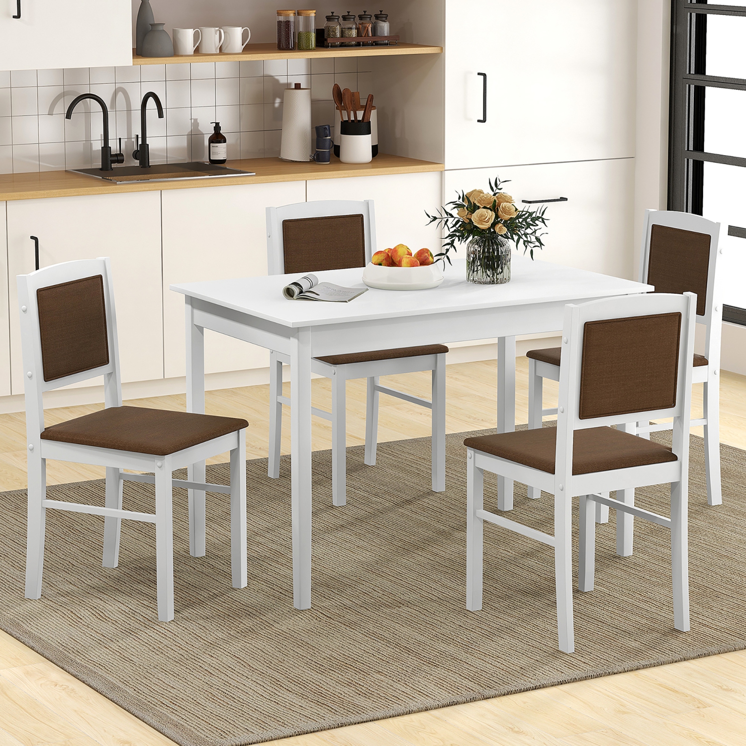 Gymax 5 PCS Dining Table Set for 4 w/Rubber Wood Legs Upholstered Seat Padded Backrest