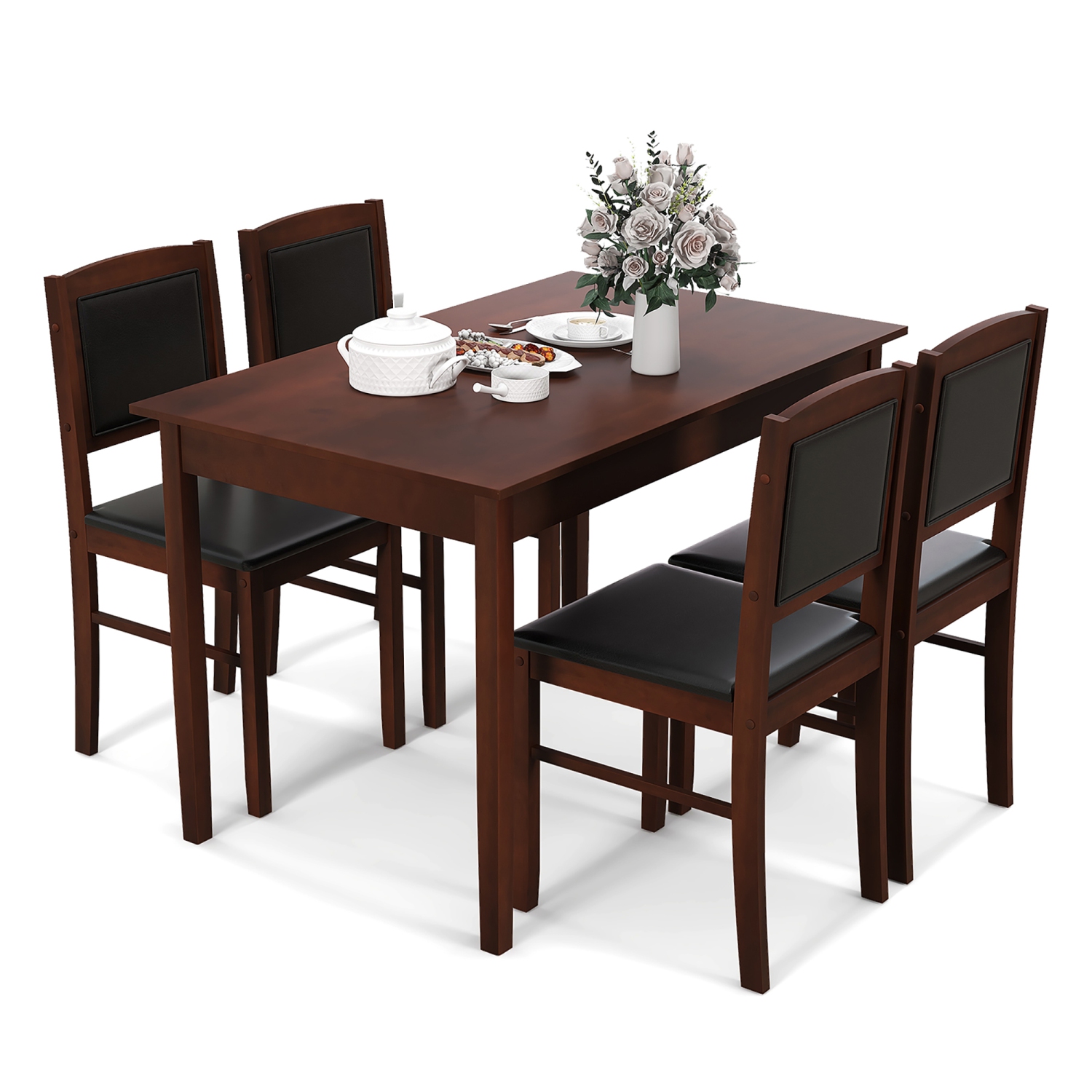 Gymax 5 PCS Dining Table Set for 4 w/Rubber Wood Legs Upholstered Seat Padded Backrest