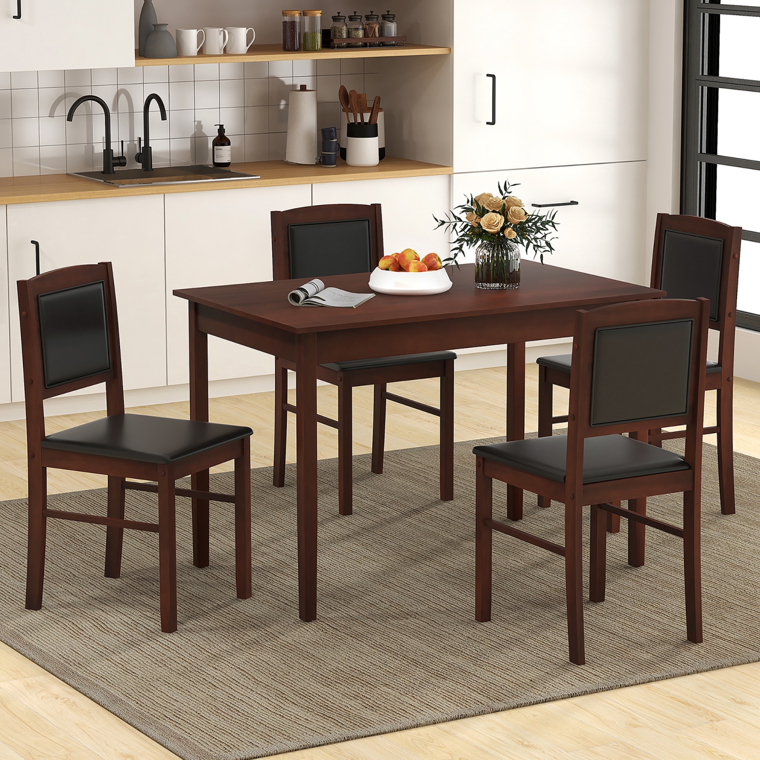Gymax 5 PCS Dining Table Set for 4 w/Rubber Wood Legs Upholstered Seat Padded Backrest