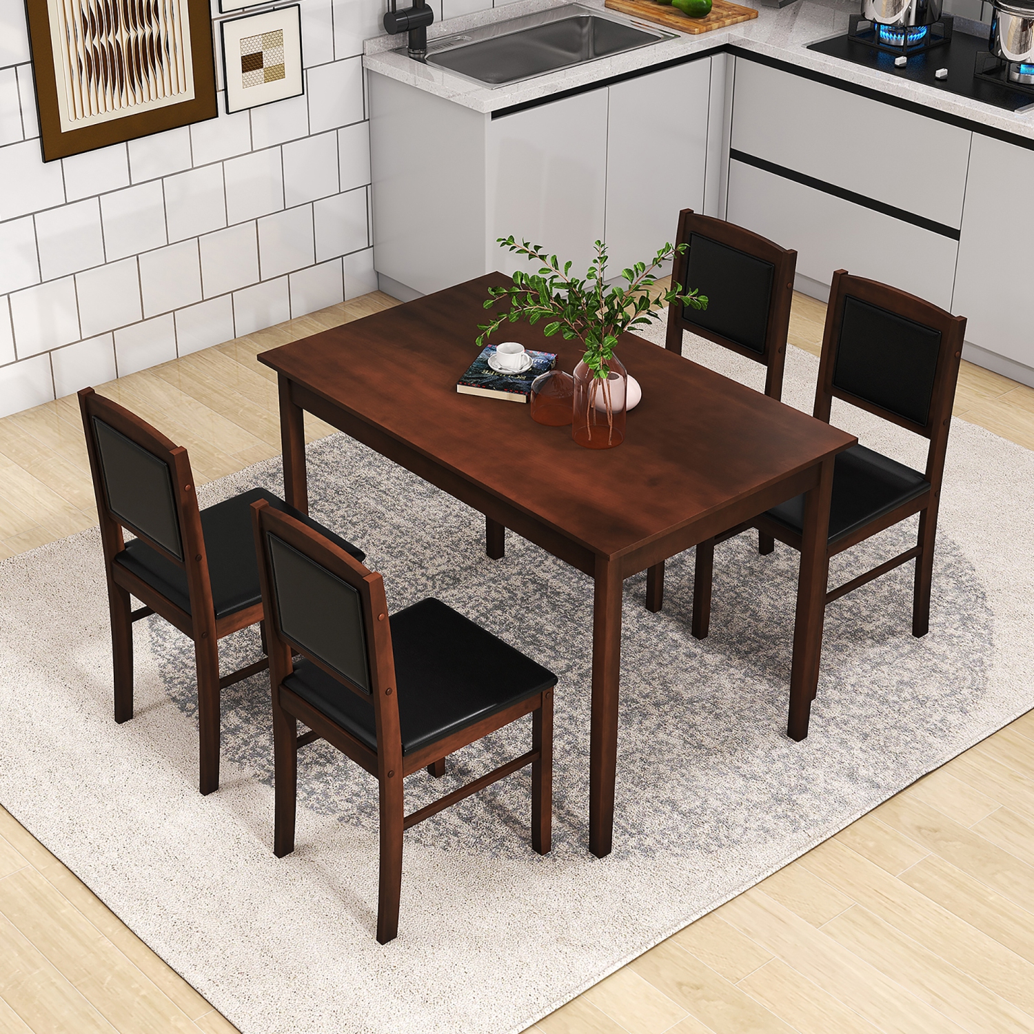 Gymax 5 PCS Dining Table Set for 4 w/Rubber Wood Legs Upholstered Seat Padded Backrest