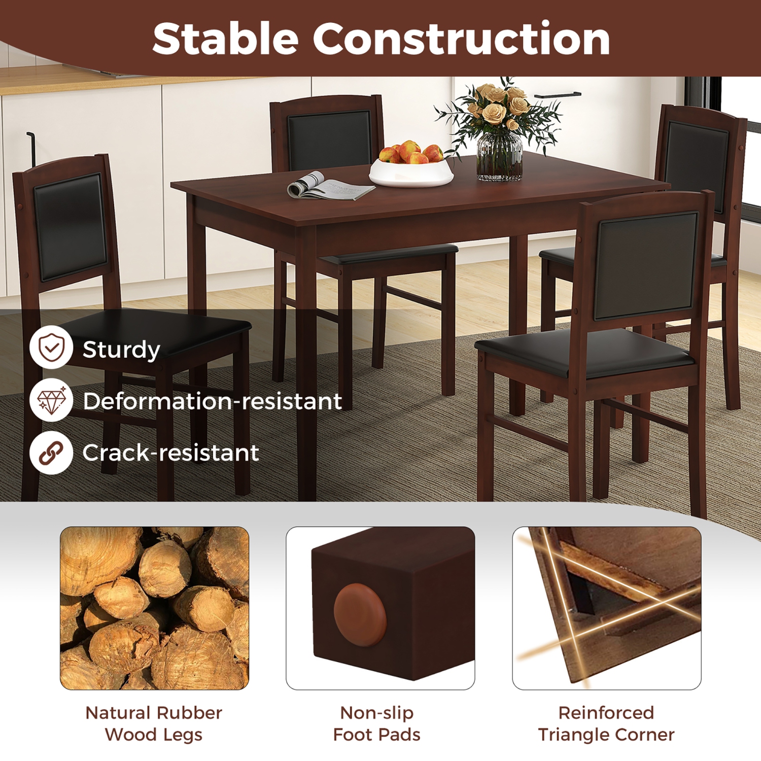 Gymax 5 PCS Dining Table Set for 4 w/Rubber Wood Legs Upholstered Seat Padded Backrest