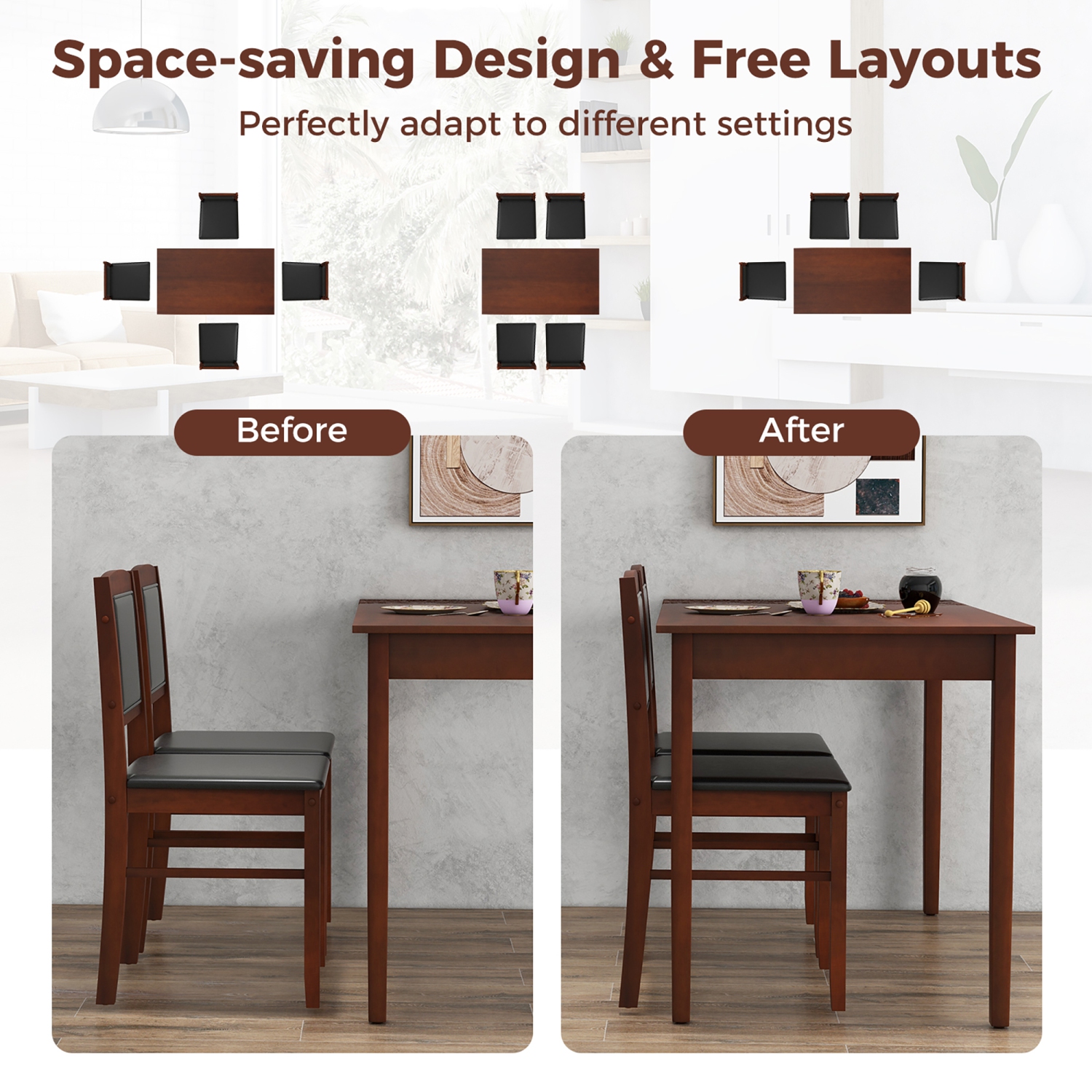 Gymax 5 PCS Dining Table Set for 4 w/Rubber Wood Legs Upholstered Seat Padded Backrest