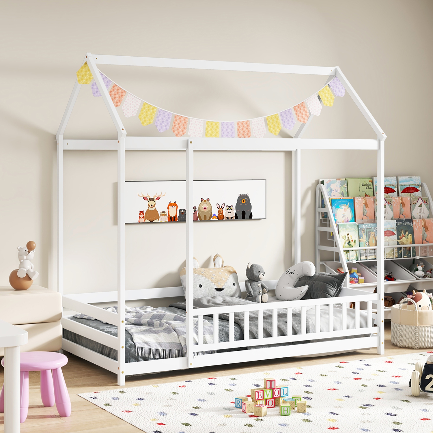 Gymax Twin Size House Bed w/ Roof & Full-length Safety Guardrail Playhouse Bed Frame