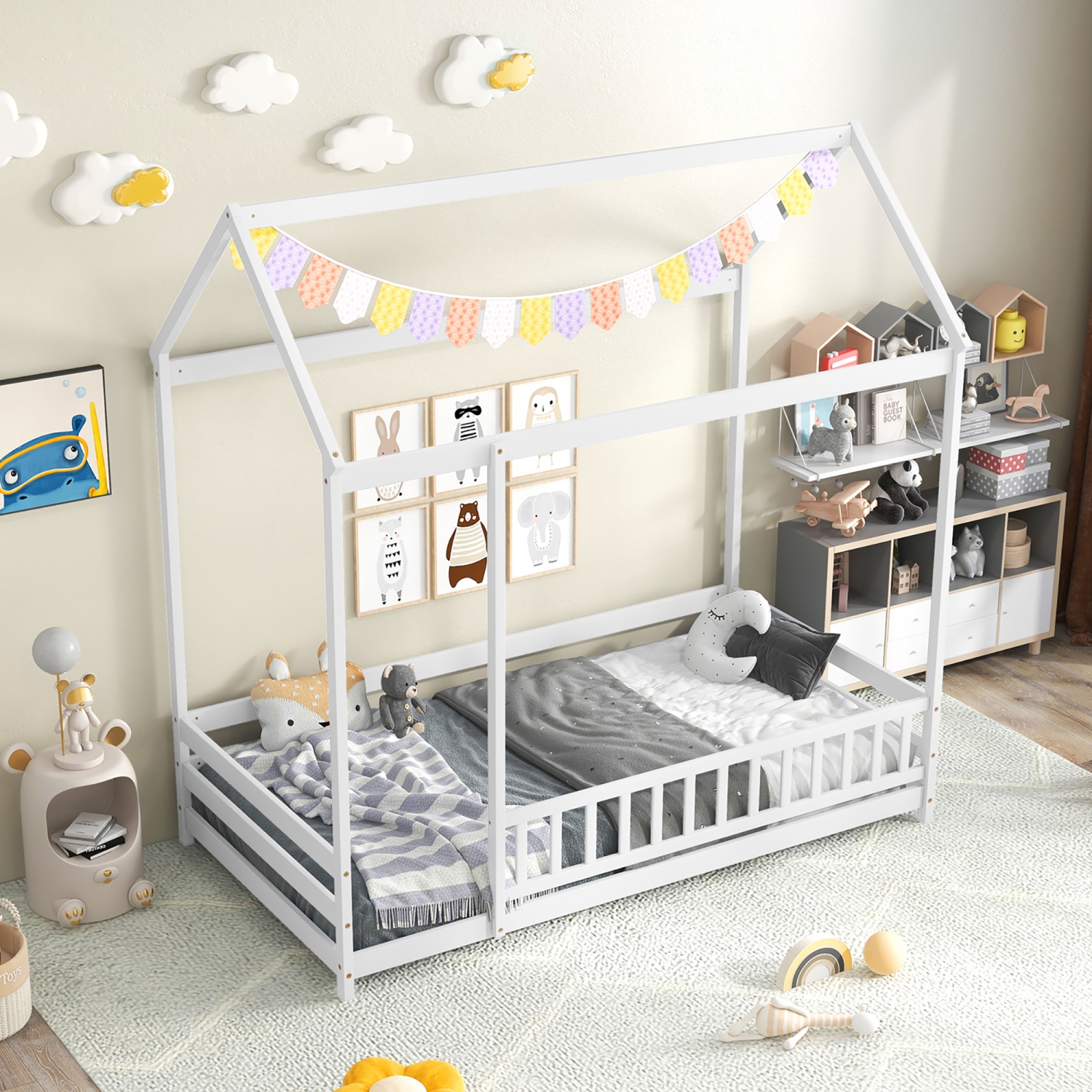 Gymax Twin Size House Bed w/ Roof & Full-length Safety Guardrail Playhouse Bed Frame