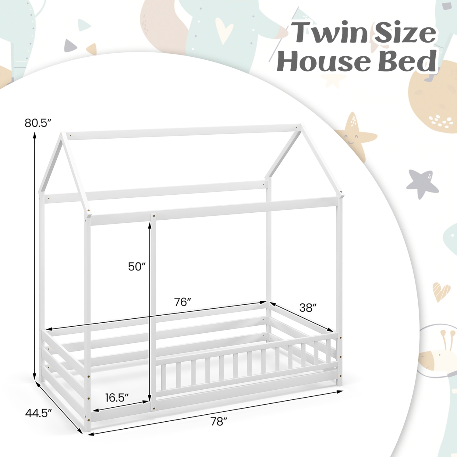 Gymax Twin Size House Bed w/ Roof & Full-length Safety Guardrail Playhouse Bed Frame