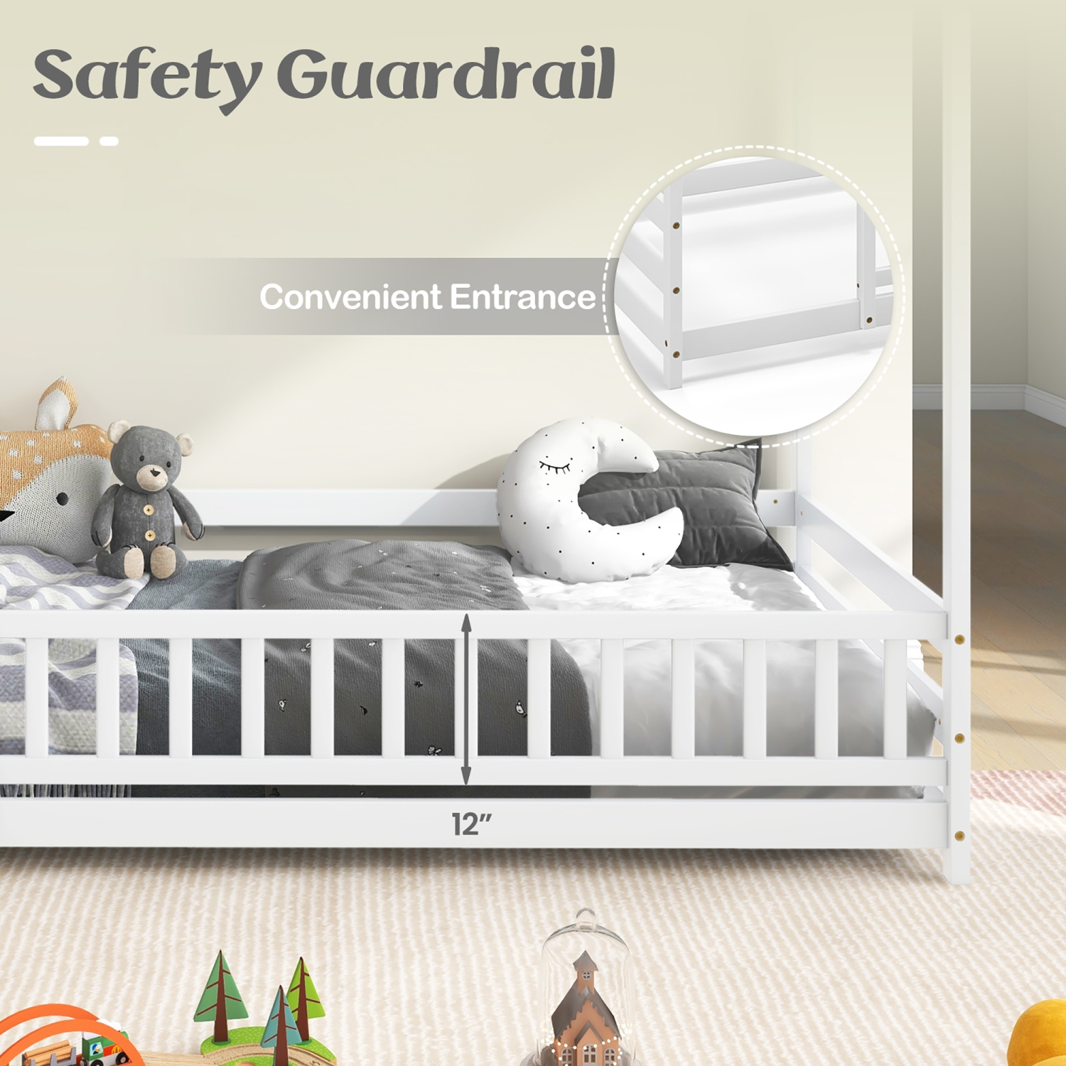 Gymax Twin Size House Bed w/ Roof & Full-length Safety Guardrail Playhouse Bed Frame