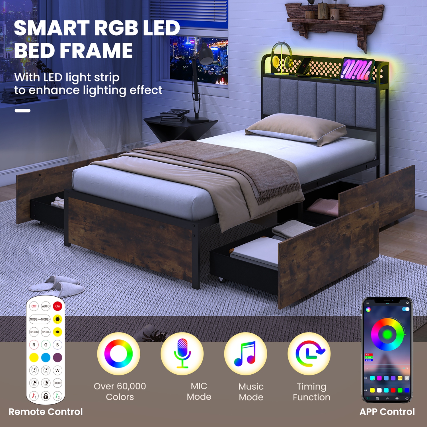 Gymax LED Bed Frame Twin/Full/Queen Size w/ Charging Station Upholstered Headboard 4 Drawers