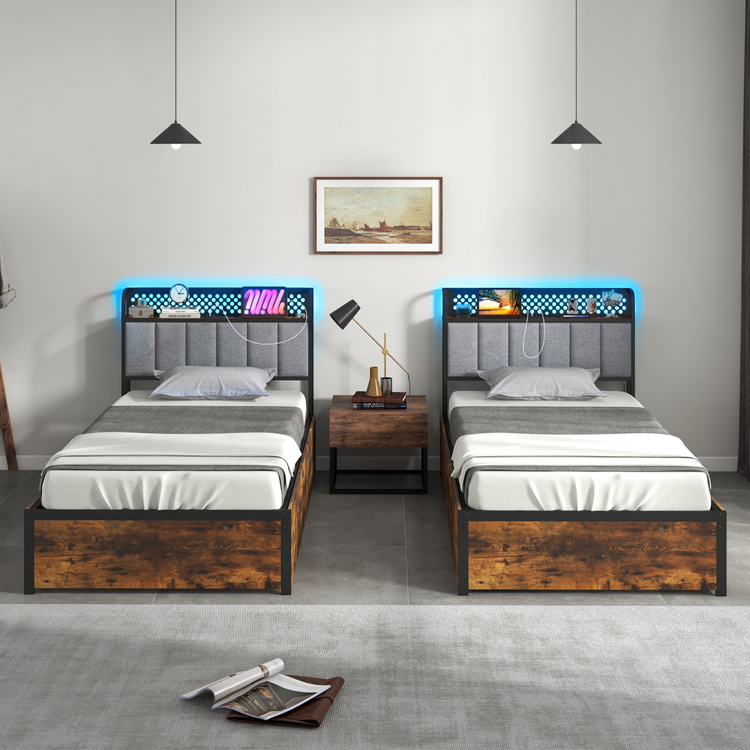 Gymax LED Bed Frame Twin/Full/Queen Size w/ Charging Station Upholstered Headboard 4 Drawers