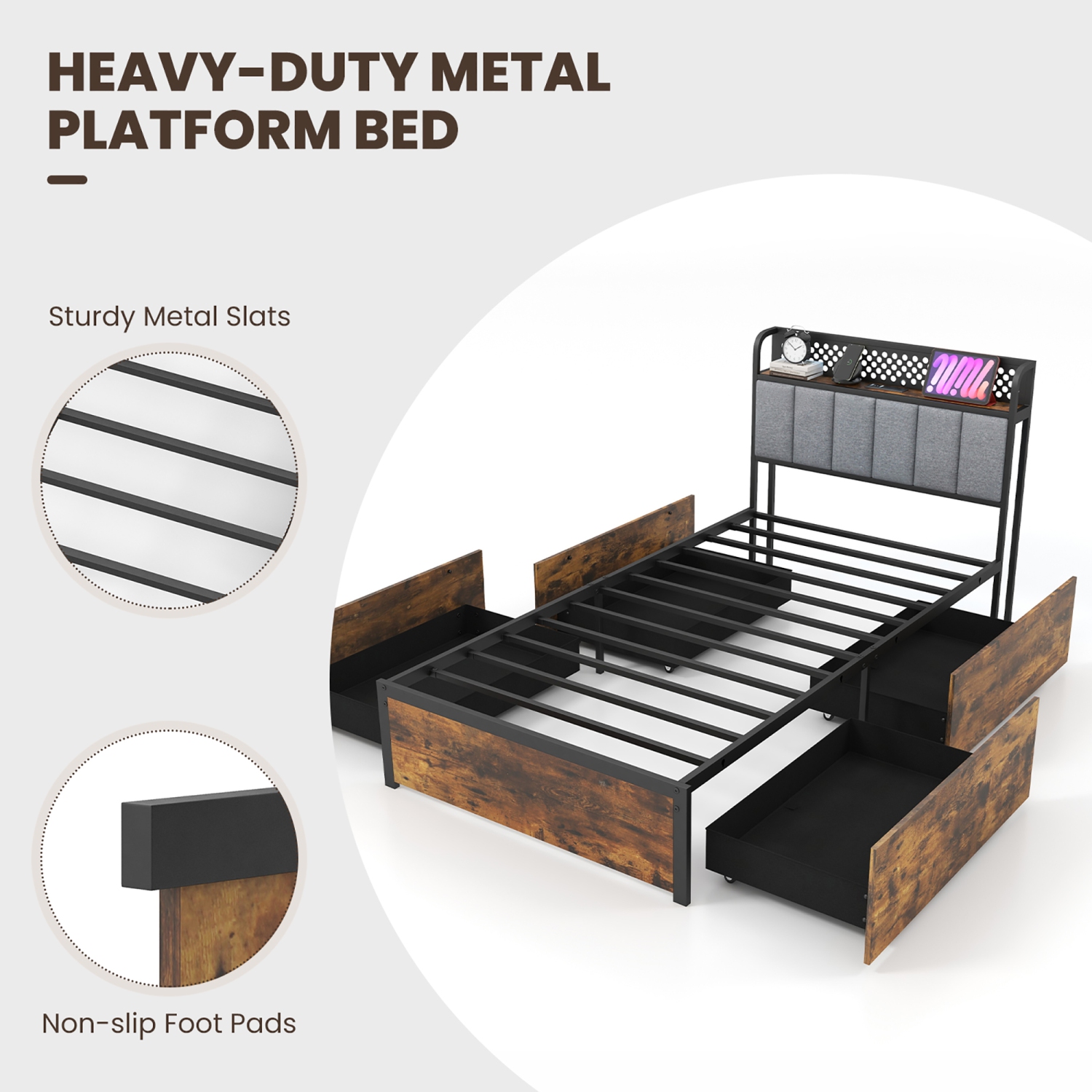 Gymax LED Bed Frame Twin/Full/Queen Size w/ Charging Station Upholstered Headboard 4 Drawers