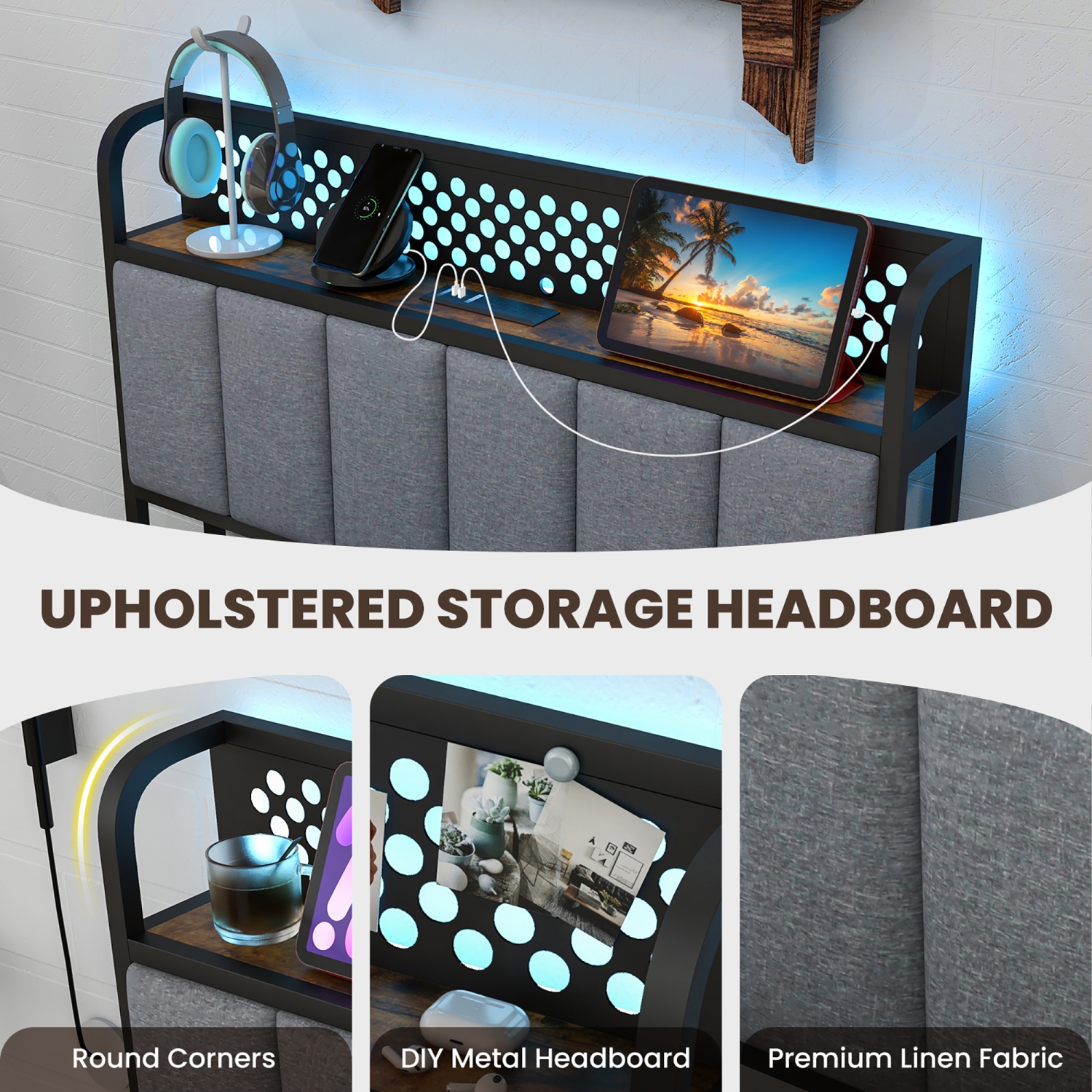 Gymax LED Bed Frame Twin/Full/Queen Size w/ Charging Station Upholstered Headboard 4 Drawers