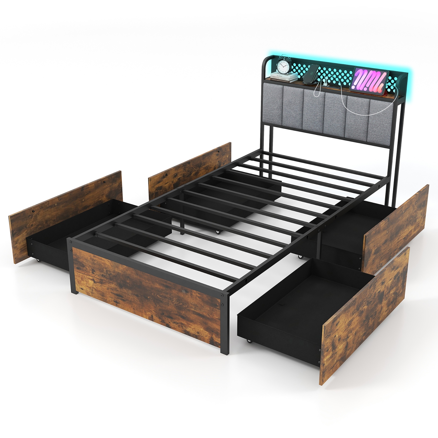 Gymax LED Bed Frame Twin/Full/Queen Size w/ Charging Station Upholstered Headboard 4 Drawers
