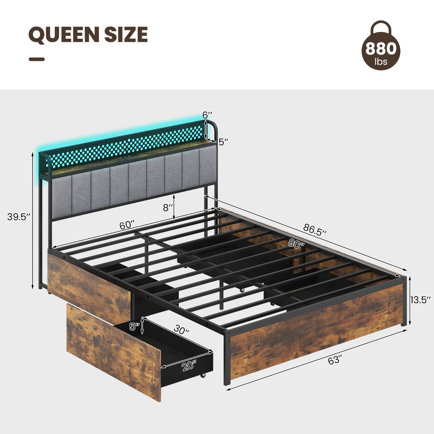 Gymax LED Bed Frame Twin/Full/Queen Size w/ Charging Station Upholstered Headboard 4 Drawers
