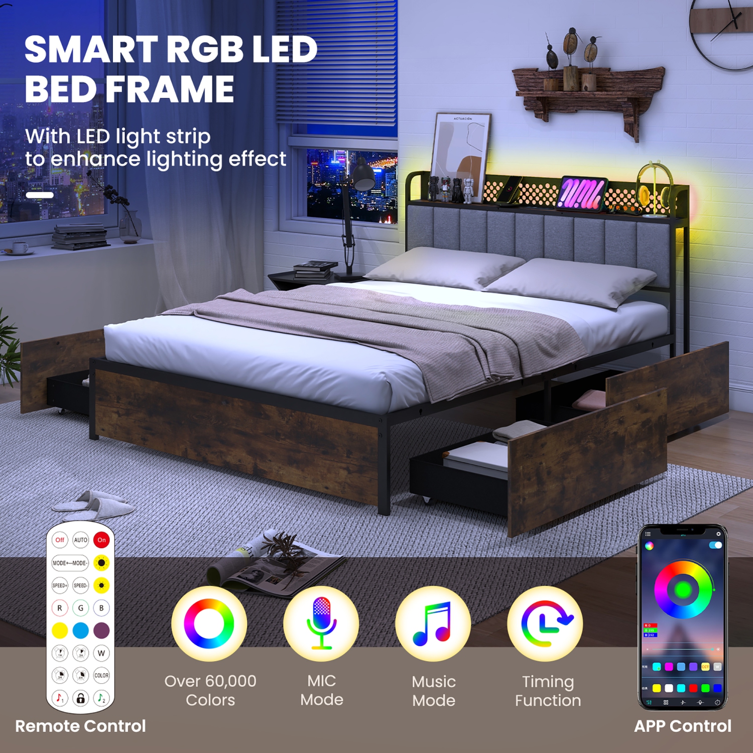 Gymax LED Bed Frame Twin/Full/Queen Size w/ Charging Station Upholstered Headboard 4 Drawers