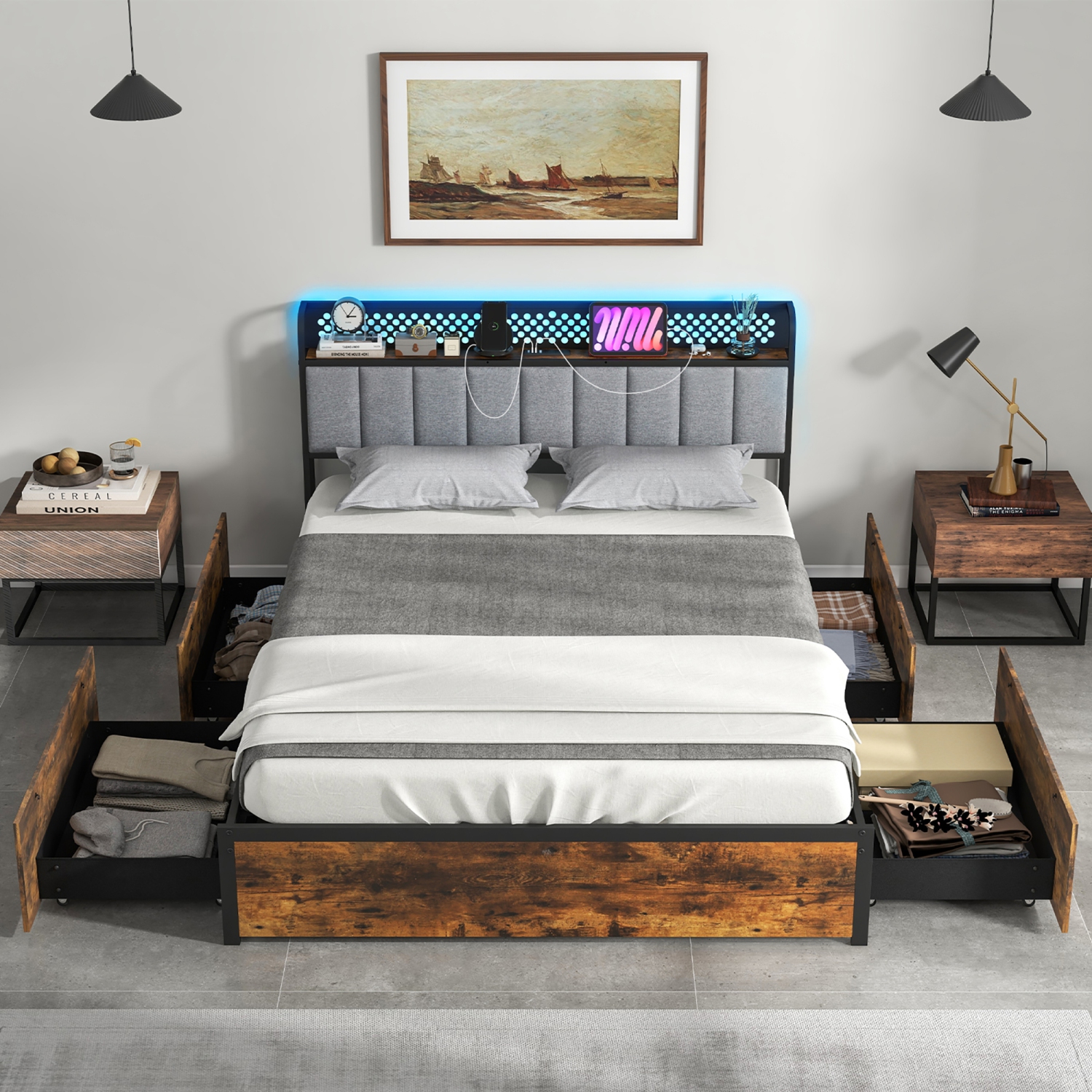 Gymax LED Bed Frame Twin/Full/Queen Size w/ Charging Station Upholstered Headboard 4 Drawers