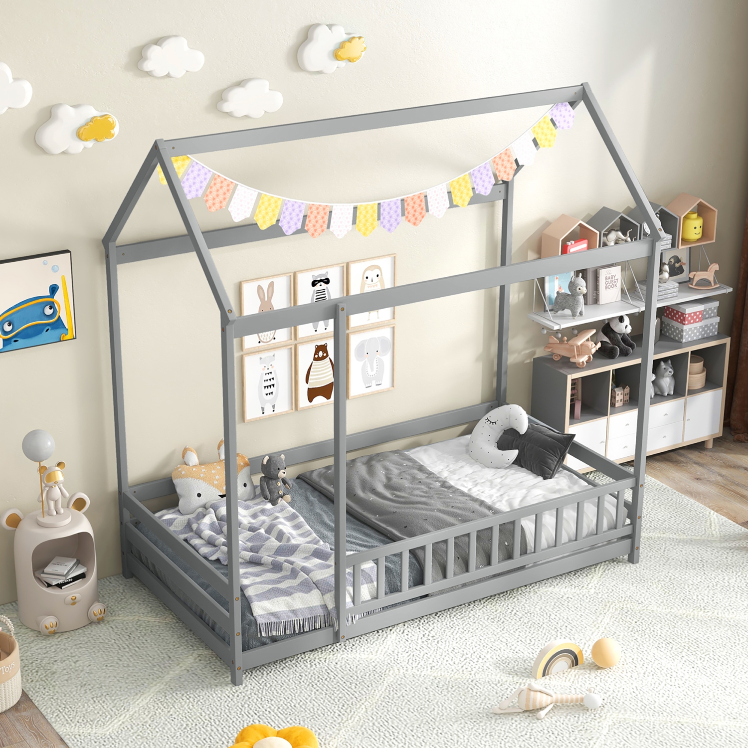 Gymax Twin Size House Bed w/ Roof & Full-length Safety Guardrail Playhouse Bed Frame