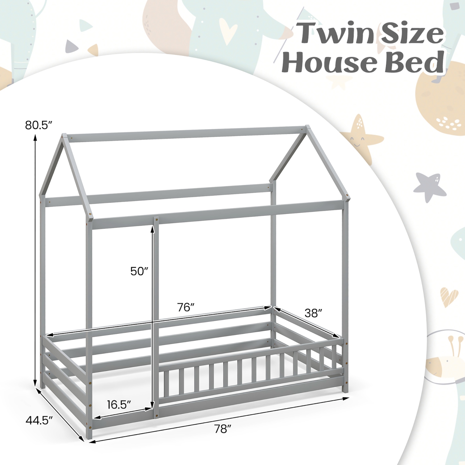 Gymax Twin Size House Bed w/ Roof & Full-length Safety Guardrail Playhouse Bed Frame