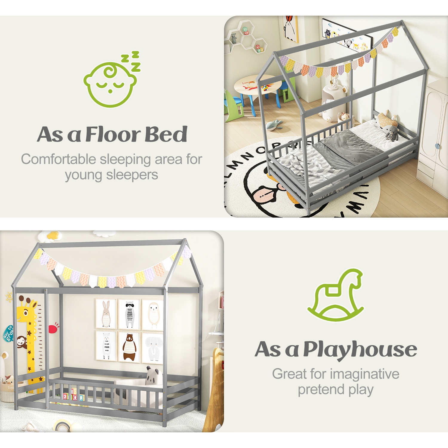 Gymax Twin Size House Bed w/ Roof & Full-length Safety Guardrail Playhouse Bed Frame