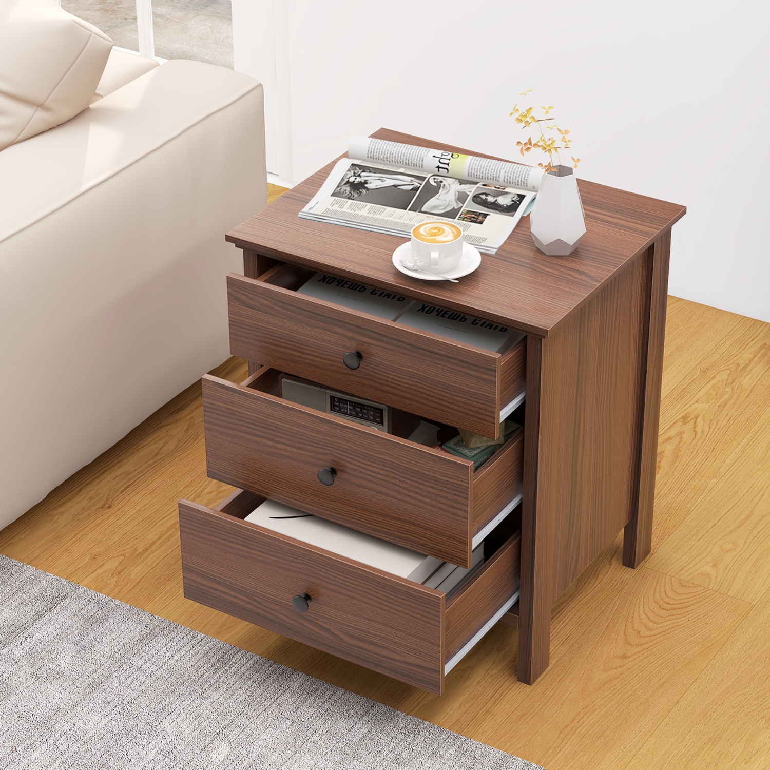 Gymax Set of 2 3-Drawer Nightstands Wooden Bedside Table Modern Side End Table Walnut