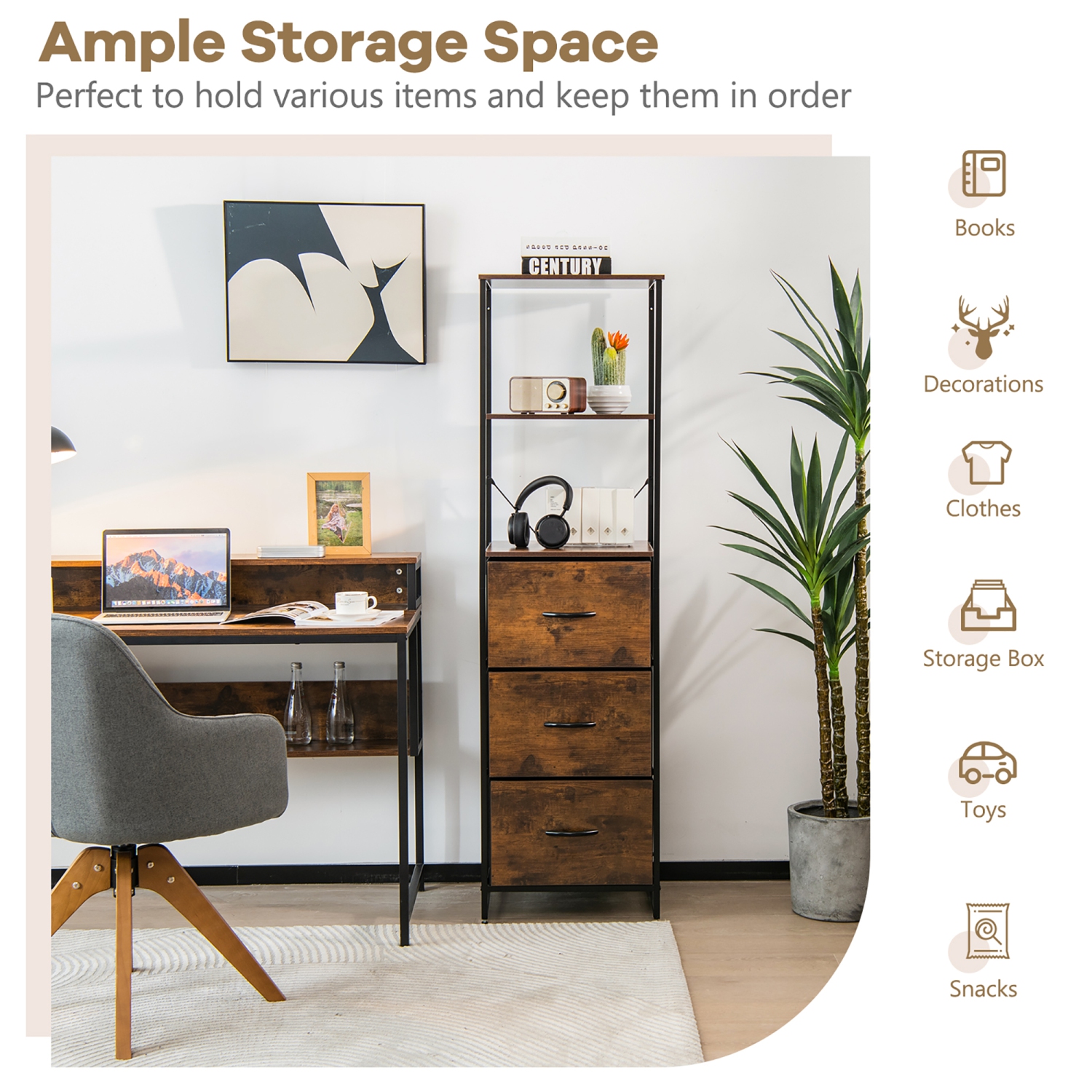 Commode verticale à 3 tiroirs de Costway avec grande commode verticale à 3 tablettes