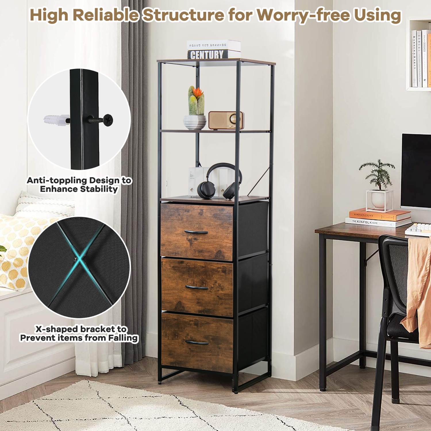 Commode verticale à 3 tiroirs de Costway avec grande commode verticale à 3 tablettes
