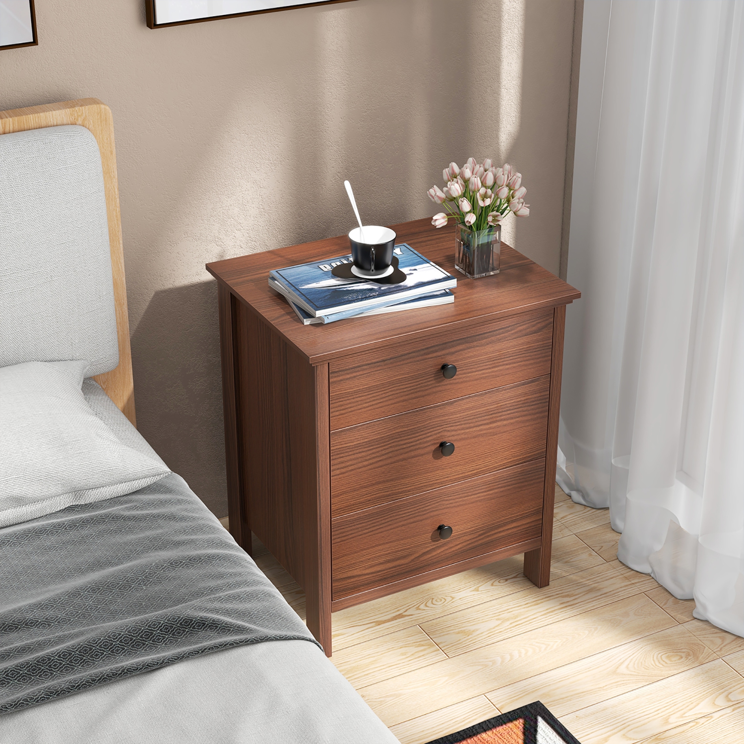 Gymax 3-Drawer Nightstand Wooden Bedside Table Modern Side End Table Walnut