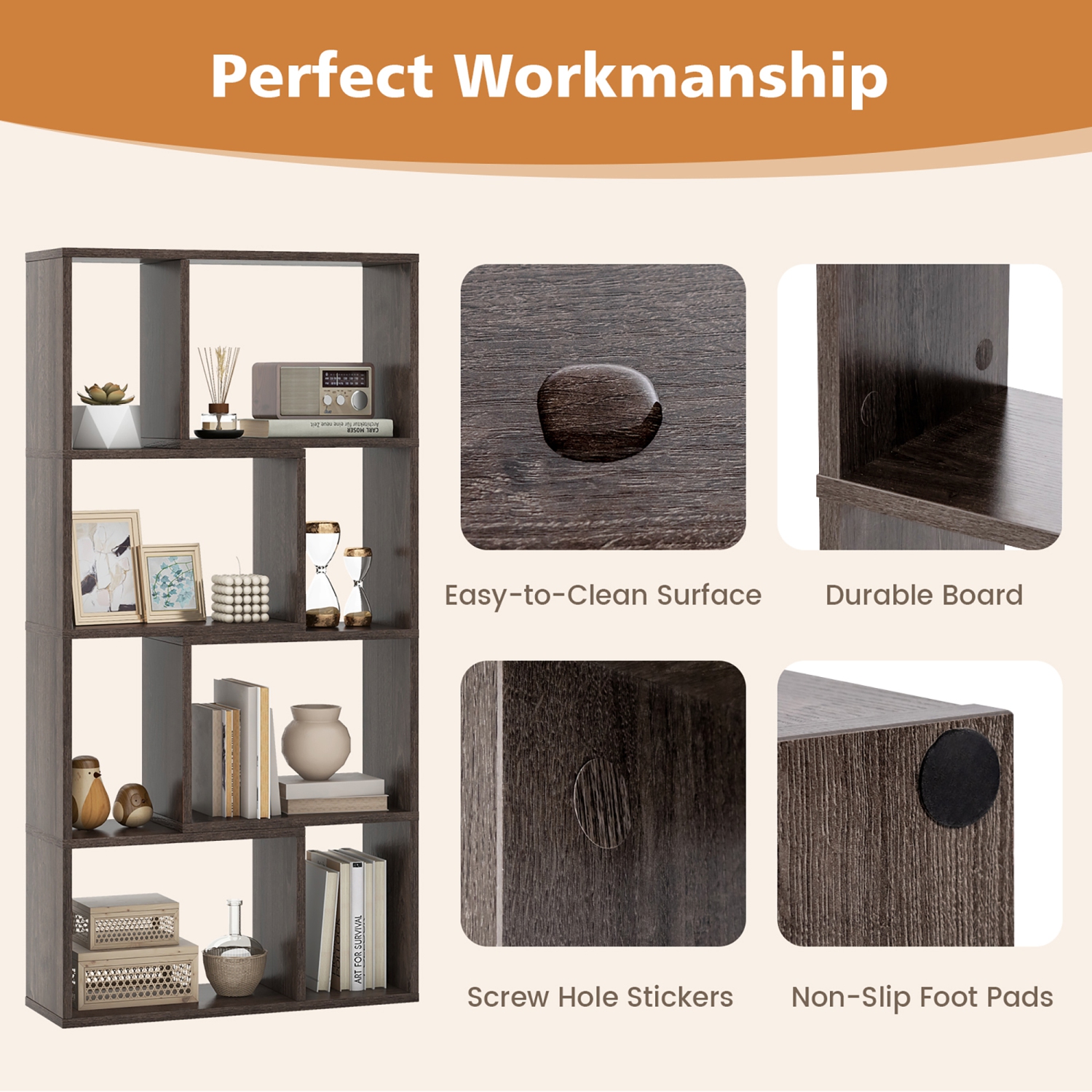 Gymax 4-Tier Geometric Bookshelf 48''/120 CM High Bookcase Modern 8-Cube Storage Organizer