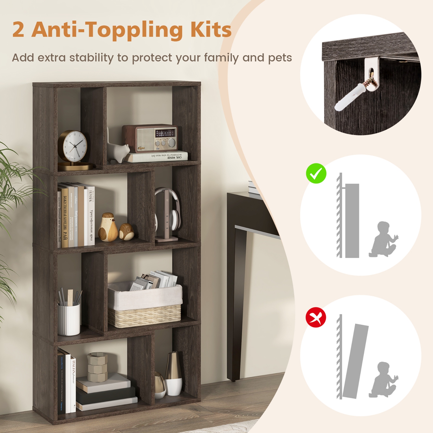 Gymax 4-Tier Geometric Bookshelf 48''/120 CM High Bookcase Modern 8-Cube Storage Organizer