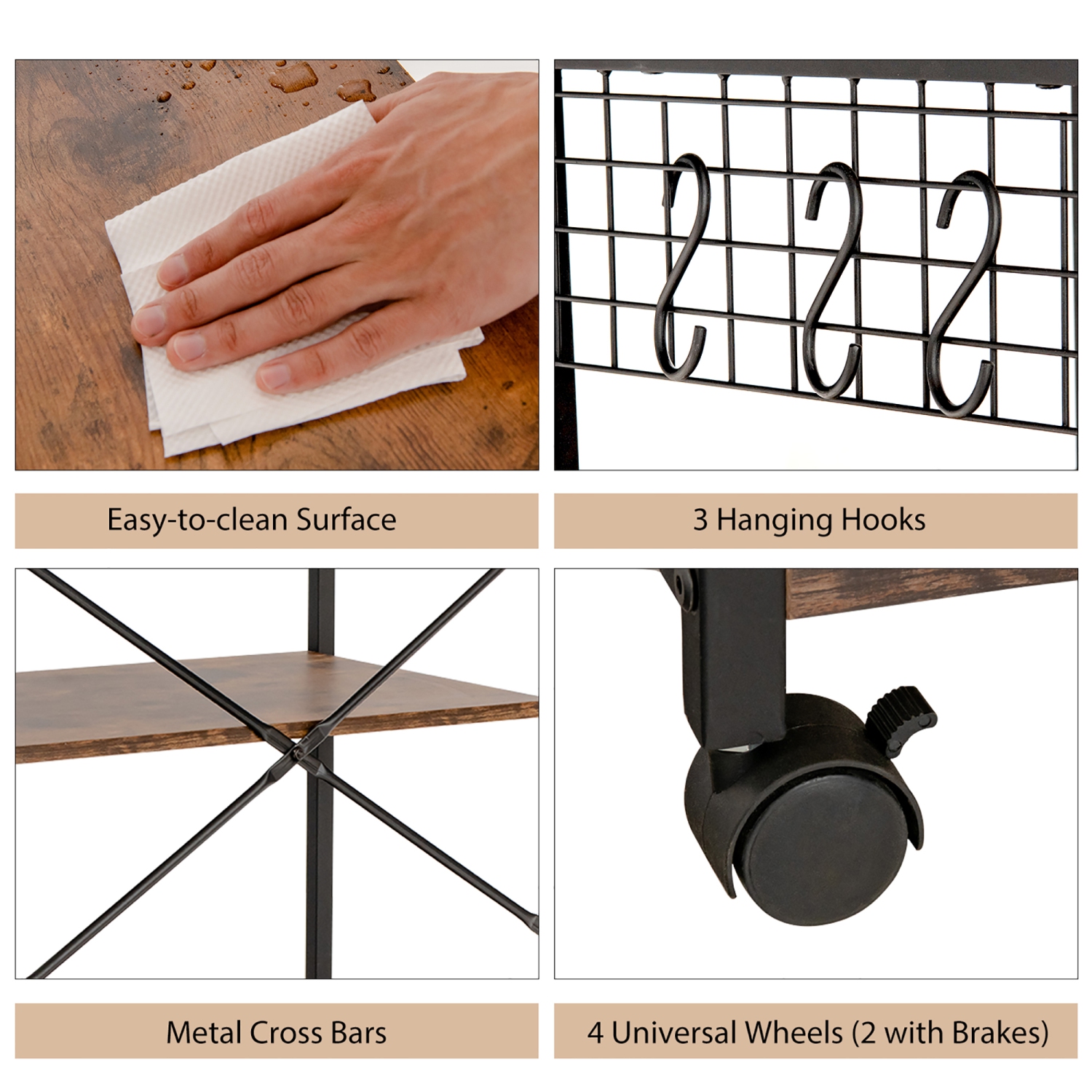 Costway 4-Tier Rolling Bakers Rack Industrial Utility Microwave Oven Stand Cart w/ Hooks