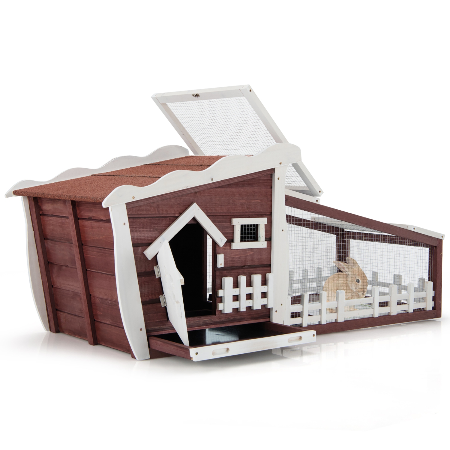 Costway – Maison en bois avec lapin en bois, 62 po, intérieur, cage, lapin, avec plateau coulissant