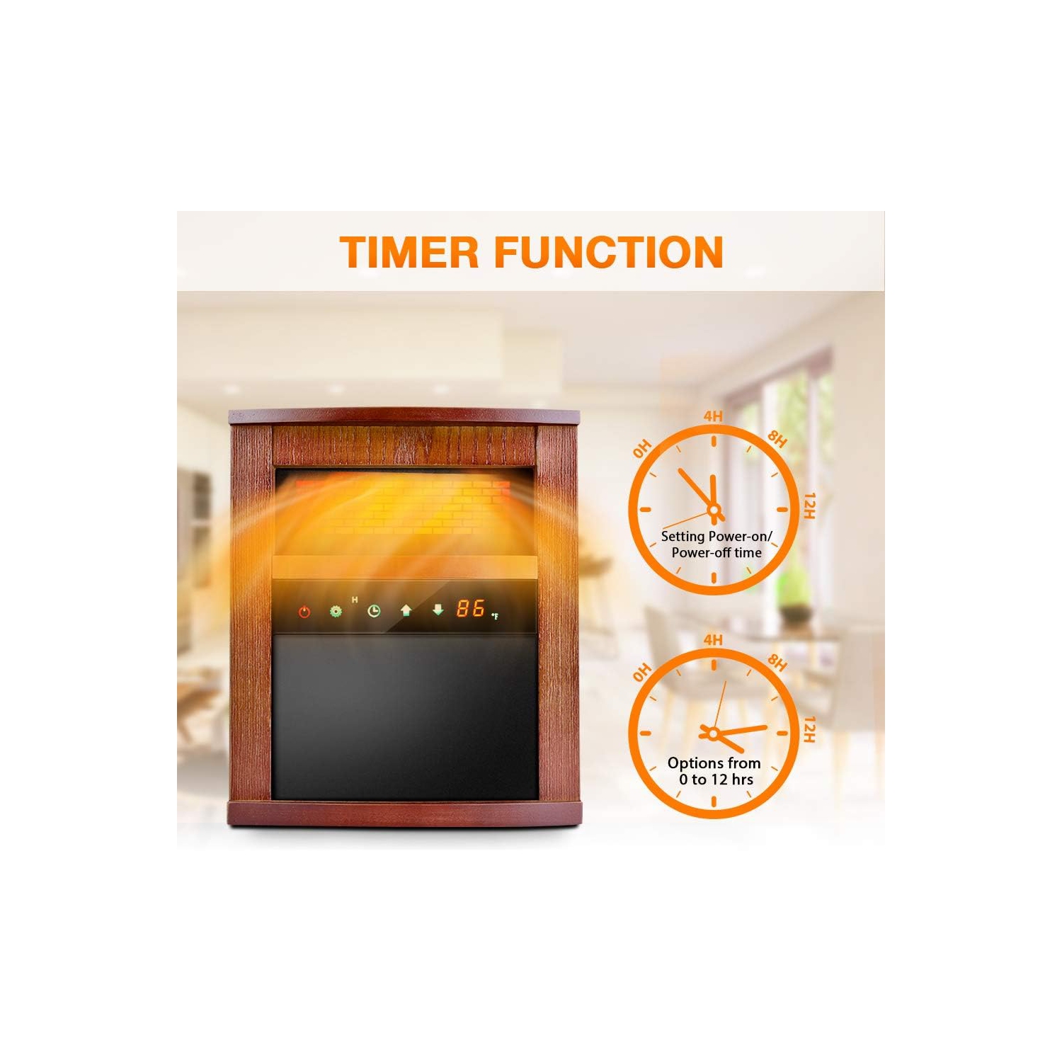 Nordic Hygge Electric Space Heater 1500W with 3 Heating Mode, Thermostat, Remote Control & 12h Timer in Dark Walnut