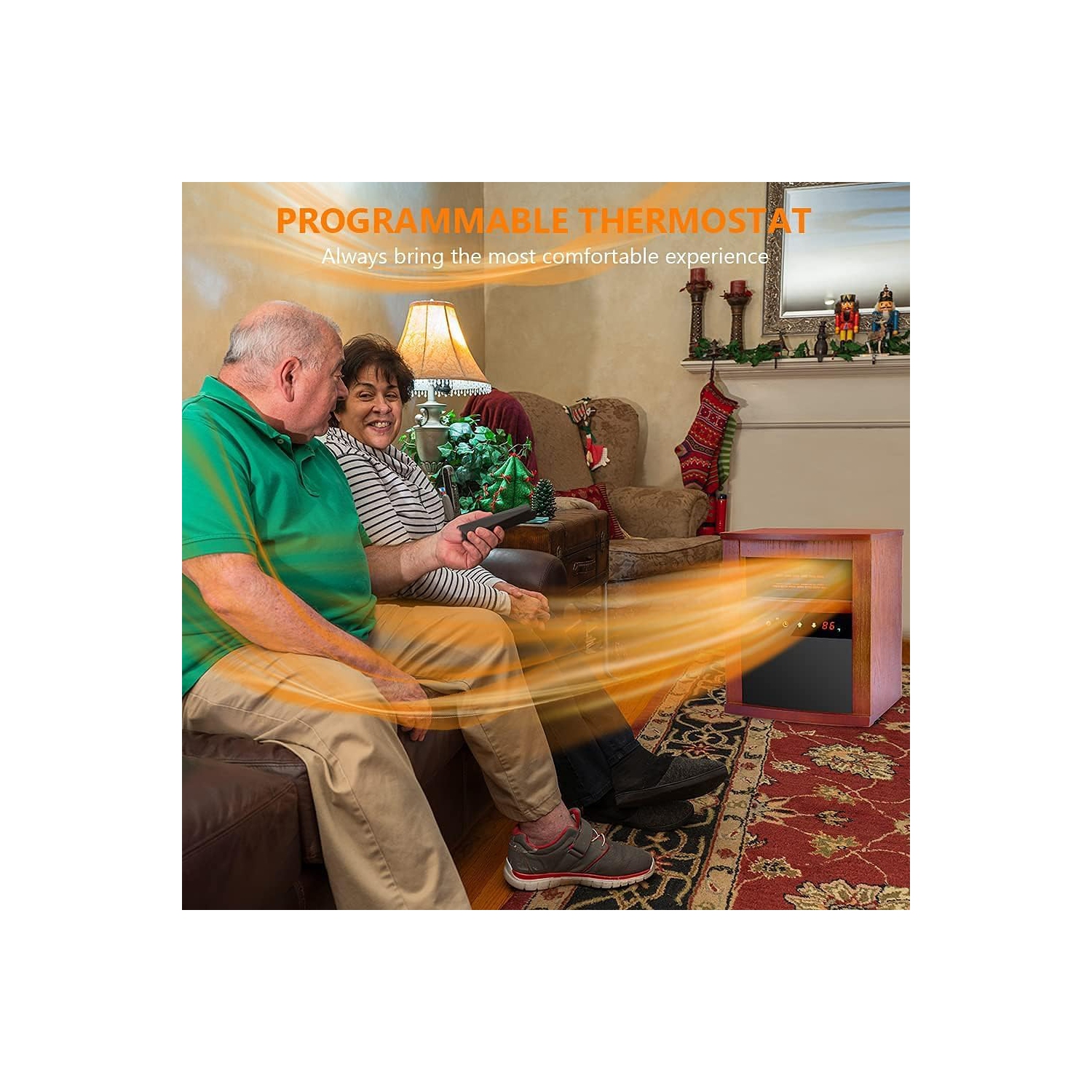 Nordic Hygge Electric Space Heater 1500W with 3 Heating Mode, Thermostat, Remote Control & 12h Timer in Dark Walnut