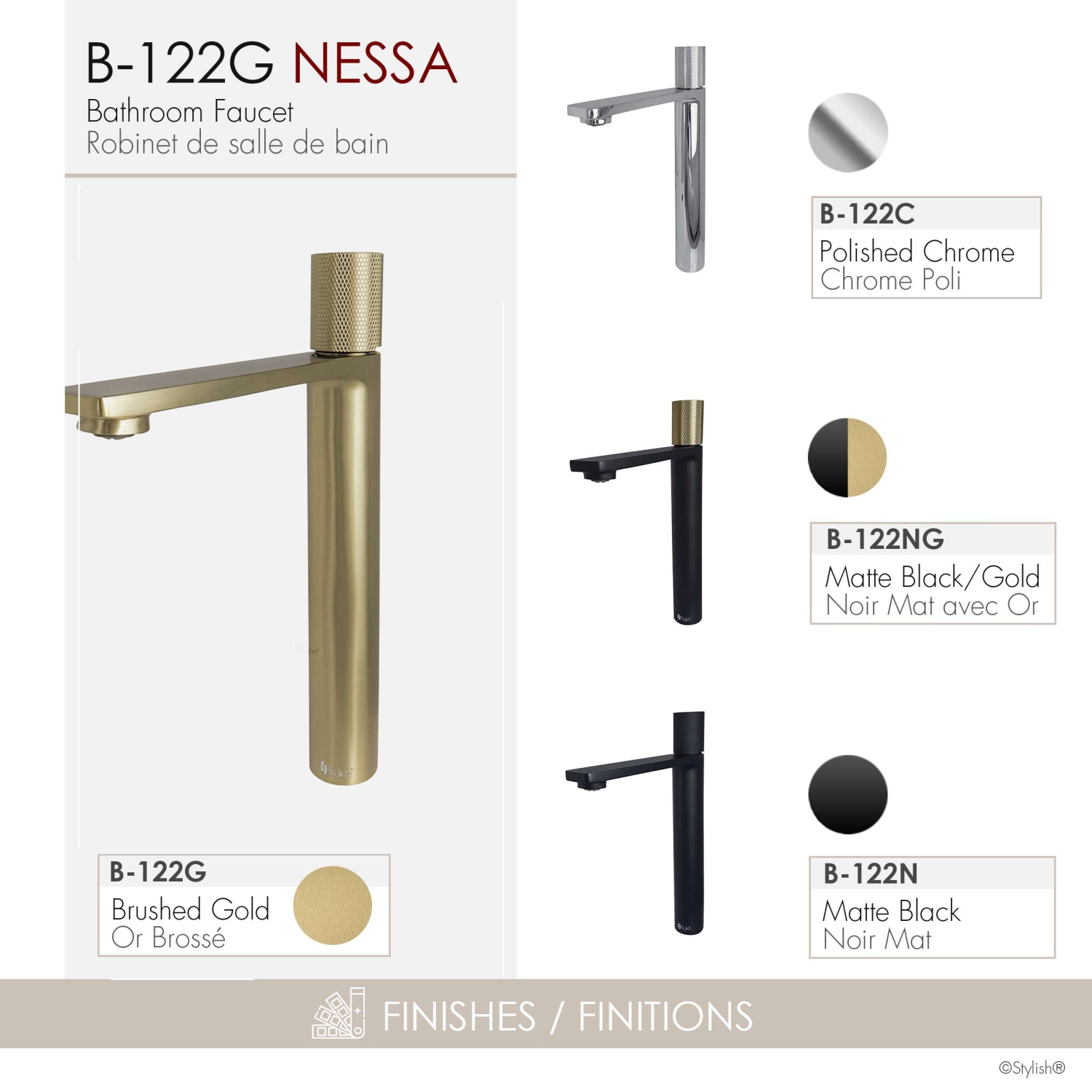 Nessa Single Handle 12 1/2" Brushed Gold Vessel Bathroom Faucet B-122G