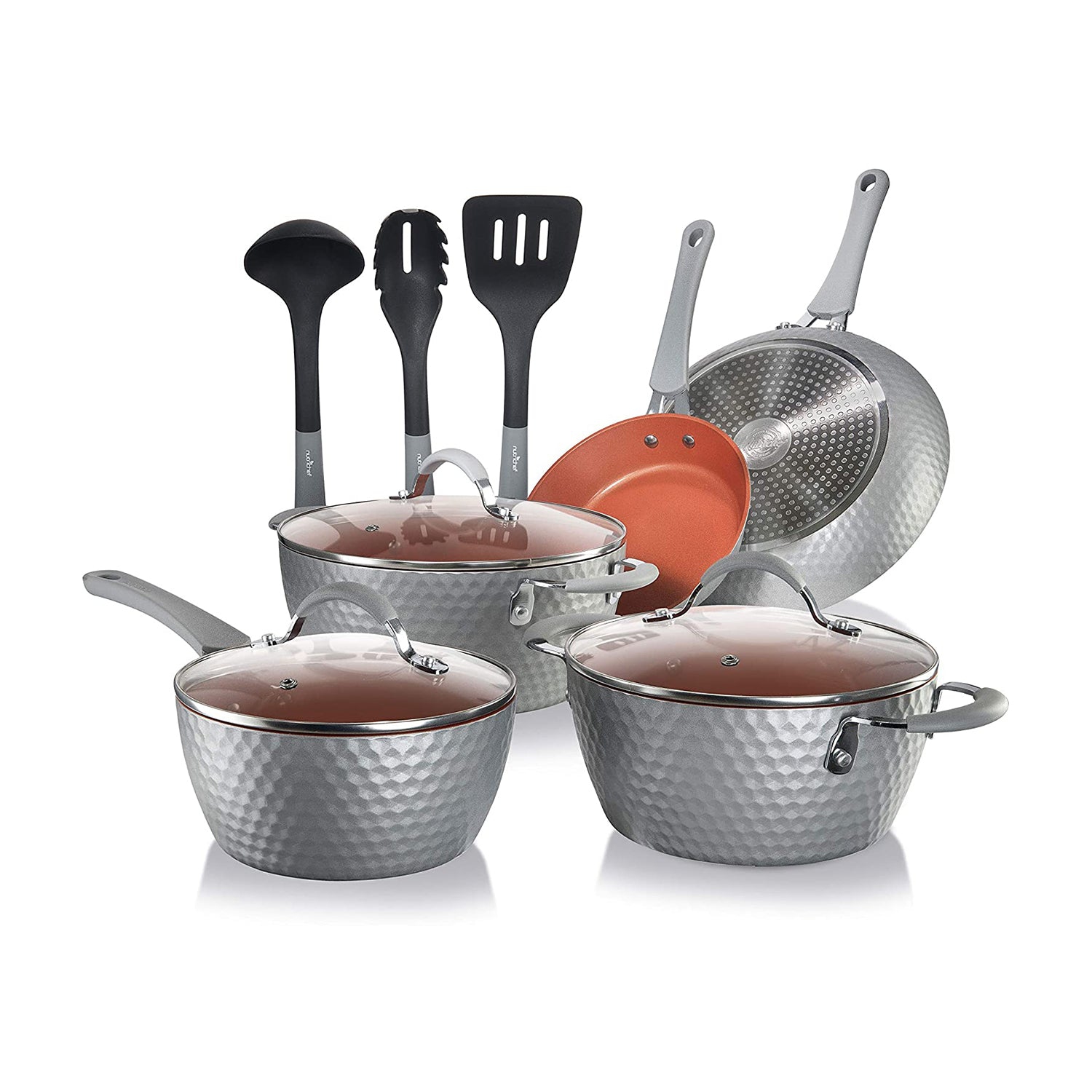 NutriChef 11 Pc Nonstick Diamond Kitchen Cookware Pot & Pan Set, Gray