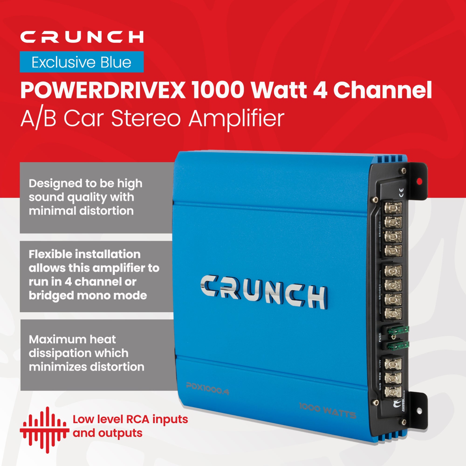 Crunch PowerDriveX 1000 Watt 4 Channel Exclusive Blue A/B Car Stereo Amplifier