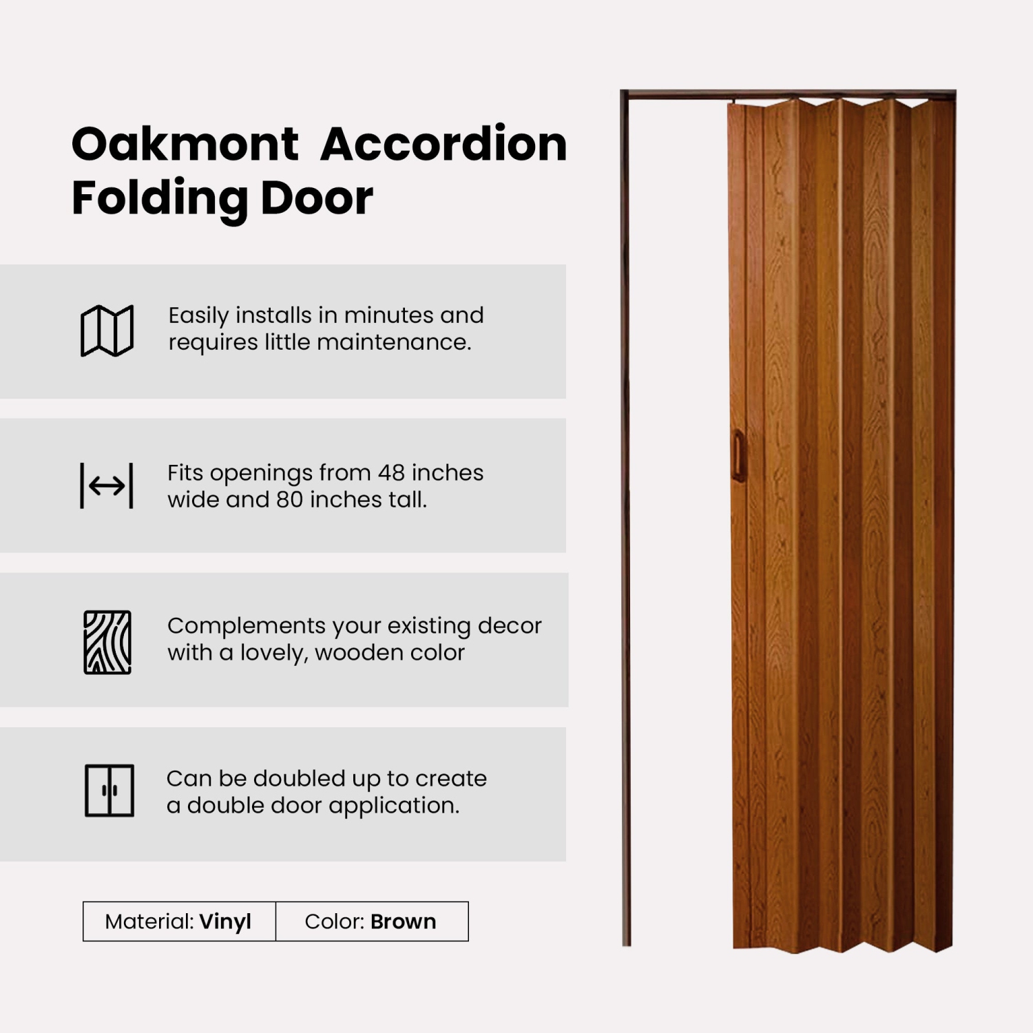 LTL Home Products – porte pliante en accordéon Oakmont OK4880PC, 48 x 80 po, pacane