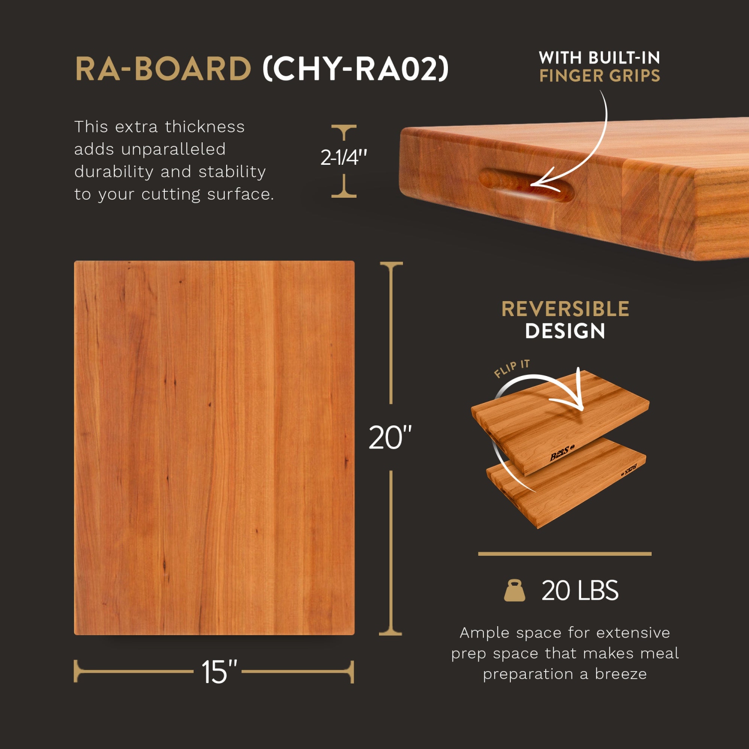 John Boos – planche à découper en bois de cerisier pour préparation de cuisine, 20 x 15 x 2,25 po
