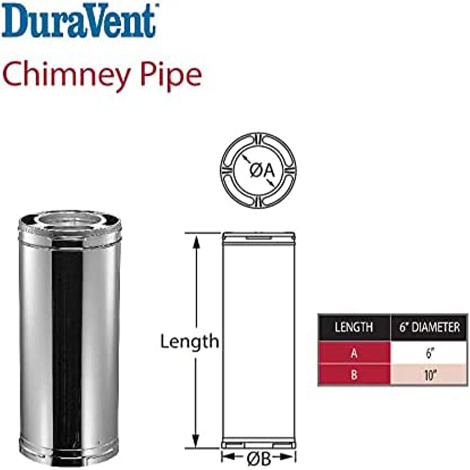 DuraVent DuraPlus 24 x 6 Inch Galvanized Steel Triple Wall Stove Pipe, Silver