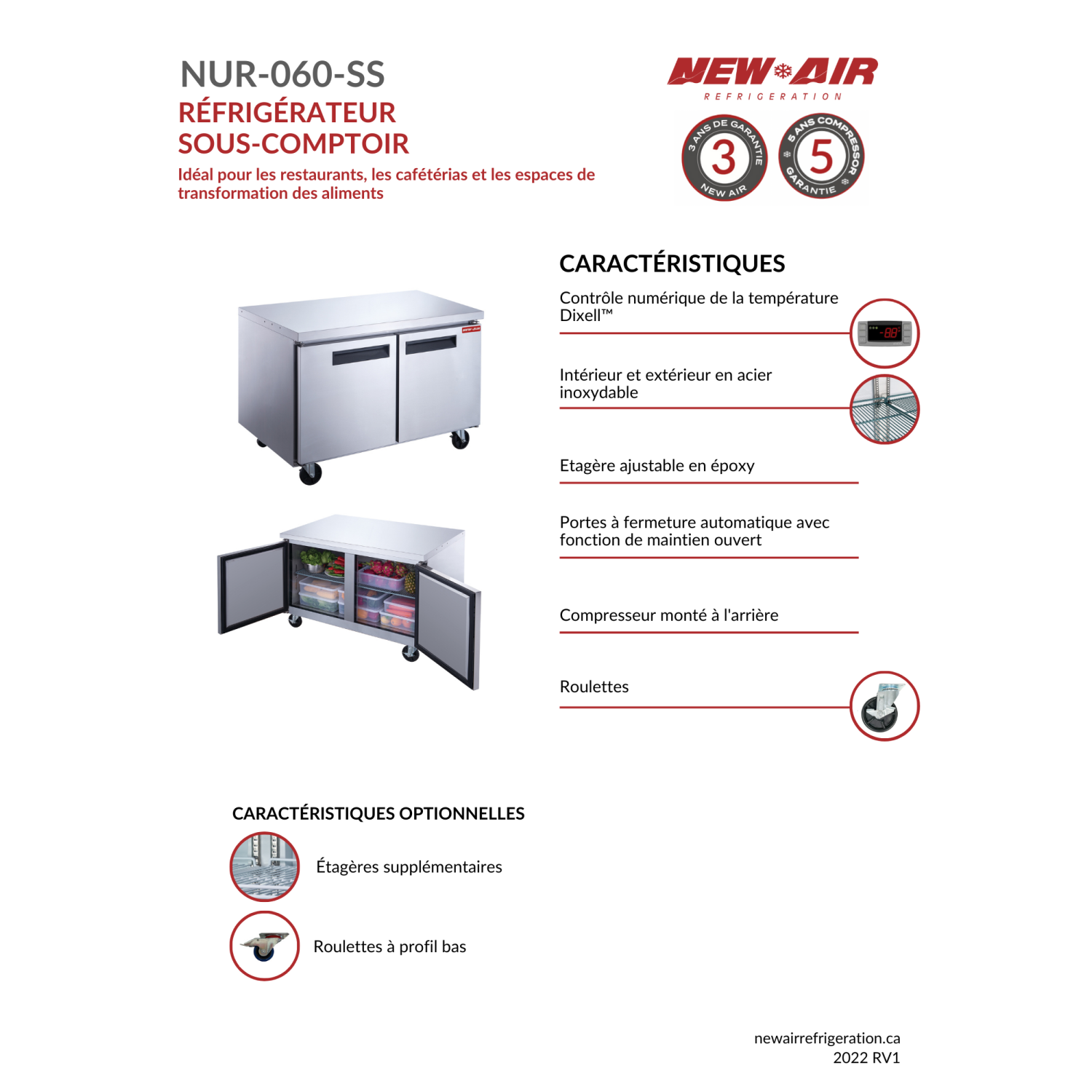 NEW AIR NUR-060-SS Commercial 60″ Stainless Steel 15.5 cu ft Double Door Undercounter REFRIGERATOR - Ideal For Commercial Kitchens, Restaurants and
