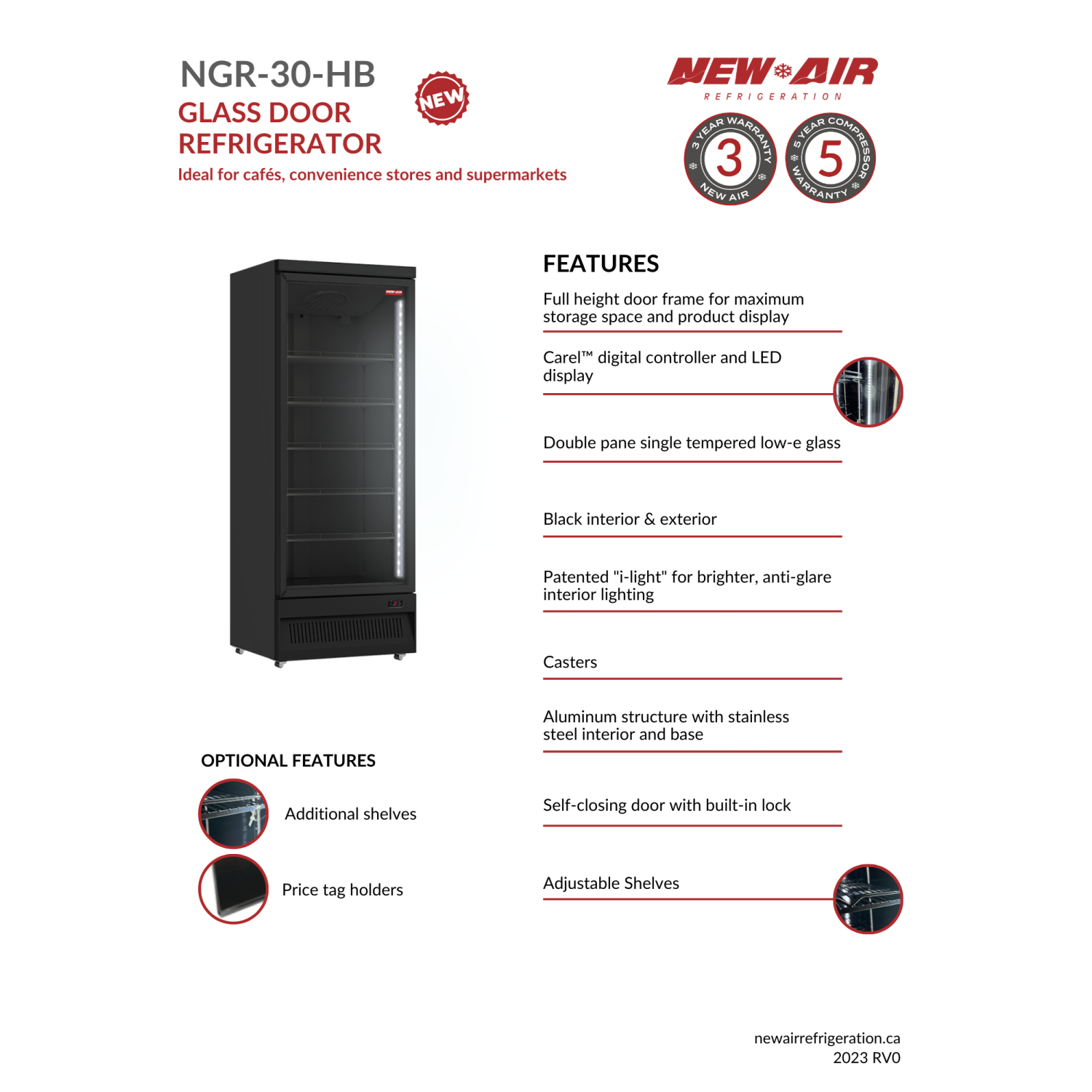 NEW AIR NGR-030-H Commercial 30" Single Glass Door Merchandiser Refrigerator